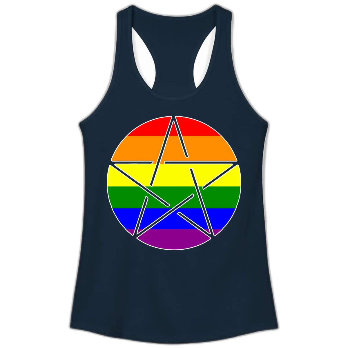 Five-pointed star with gray outline centered in circle with horizontal rainbow pride flag stripes in red, orange, yellow, green, blue, and purple. in Solid Midnight Navy