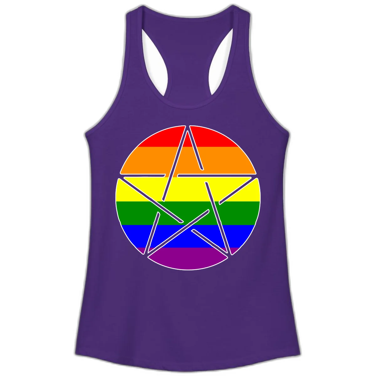 Five-pointed star with gray outline centered in circle with horizontal rainbow pride flag stripes in red, orange, yellow, green, blue, and purple. in Solid Purple Rush