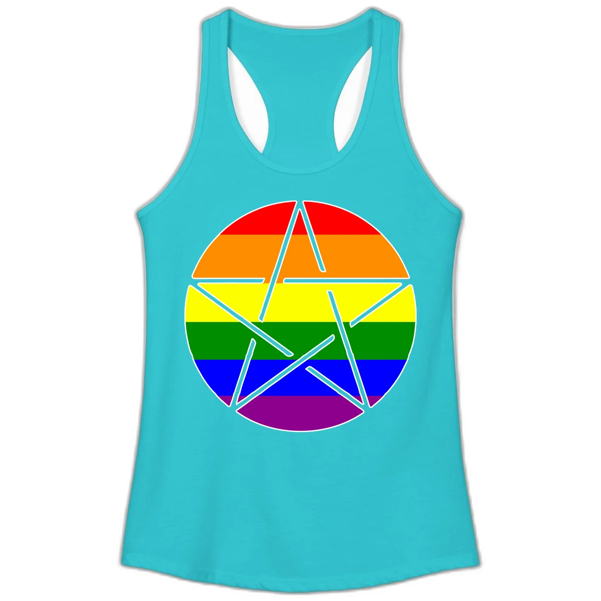 Five-pointed star with gray outline centered in circle with horizontal rainbow pride flag stripes in red, orange, yellow, green, blue, and purple. in Solid Tahiti Blue