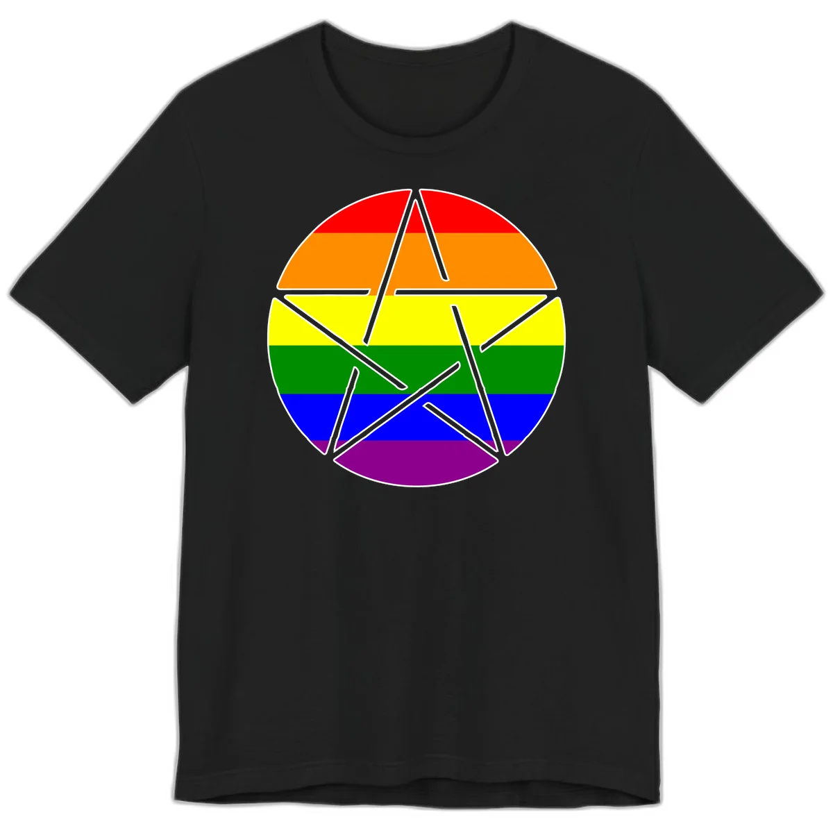 Five-pointed star with gray outline centered in circle with horizontal rainbow pride flag stripes in red, orange, yellow, green, blue, and purple. in Black
