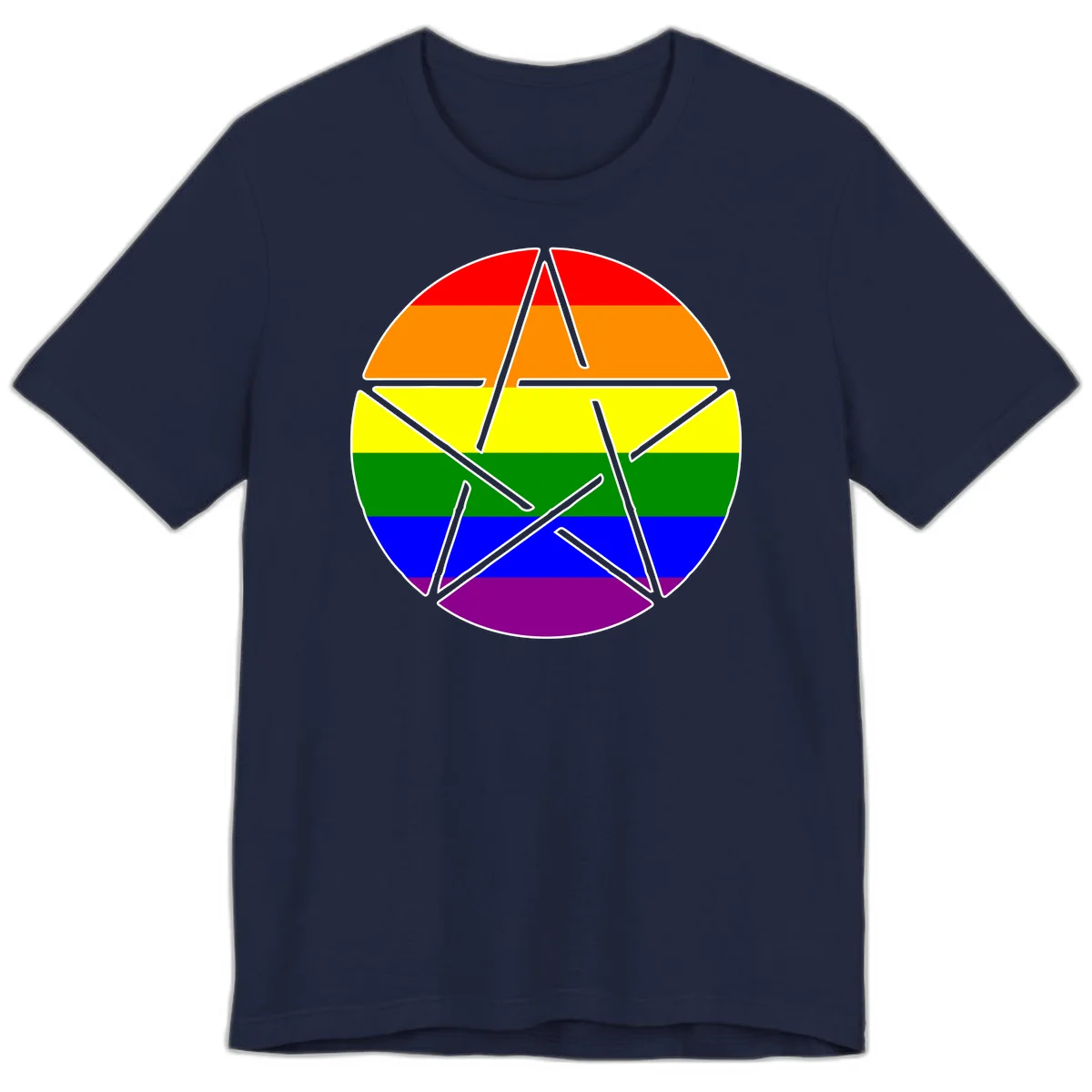 Five-pointed star with gray outline centered in circle with horizontal rainbow pride flag stripes in red, orange, yellow, green, blue, and purple. in Navy