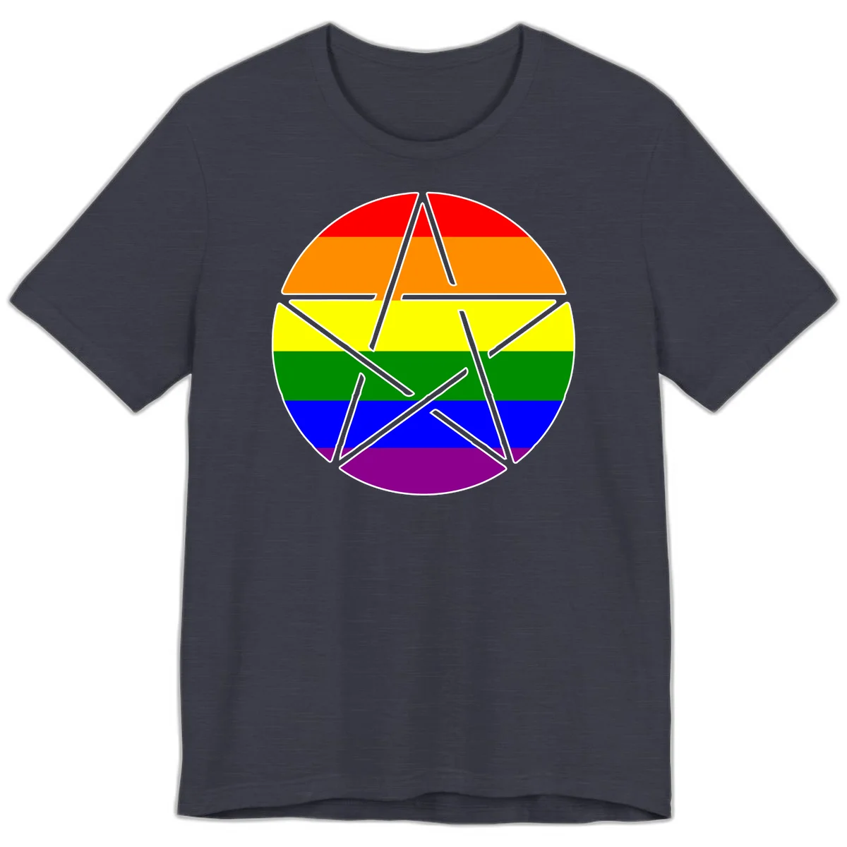 Five-pointed star with gray outline centered in circle with horizontal rainbow pride flag stripes in red, orange, yellow, green, blue, and purple. in Heather Midnight Navy