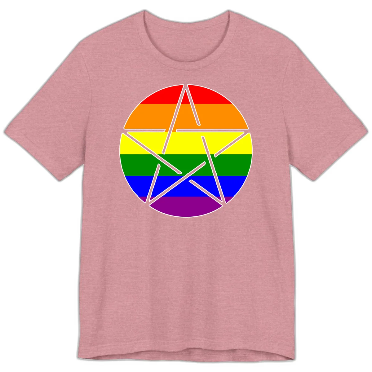 Five-pointed star with gray outline centered in circle with horizontal rainbow pride flag stripes in red, orange, yellow, green, blue, and purple. in Heather Orchid