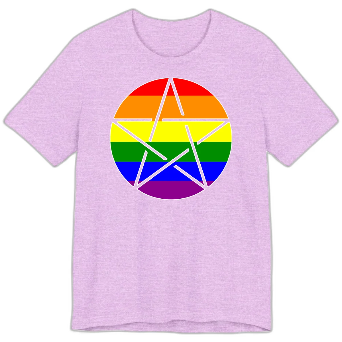 Five-pointed star with gray outline centered in circle with horizontal rainbow pride flag stripes in red, orange, yellow, green, blue, and purple. in Heather Prism Lilac