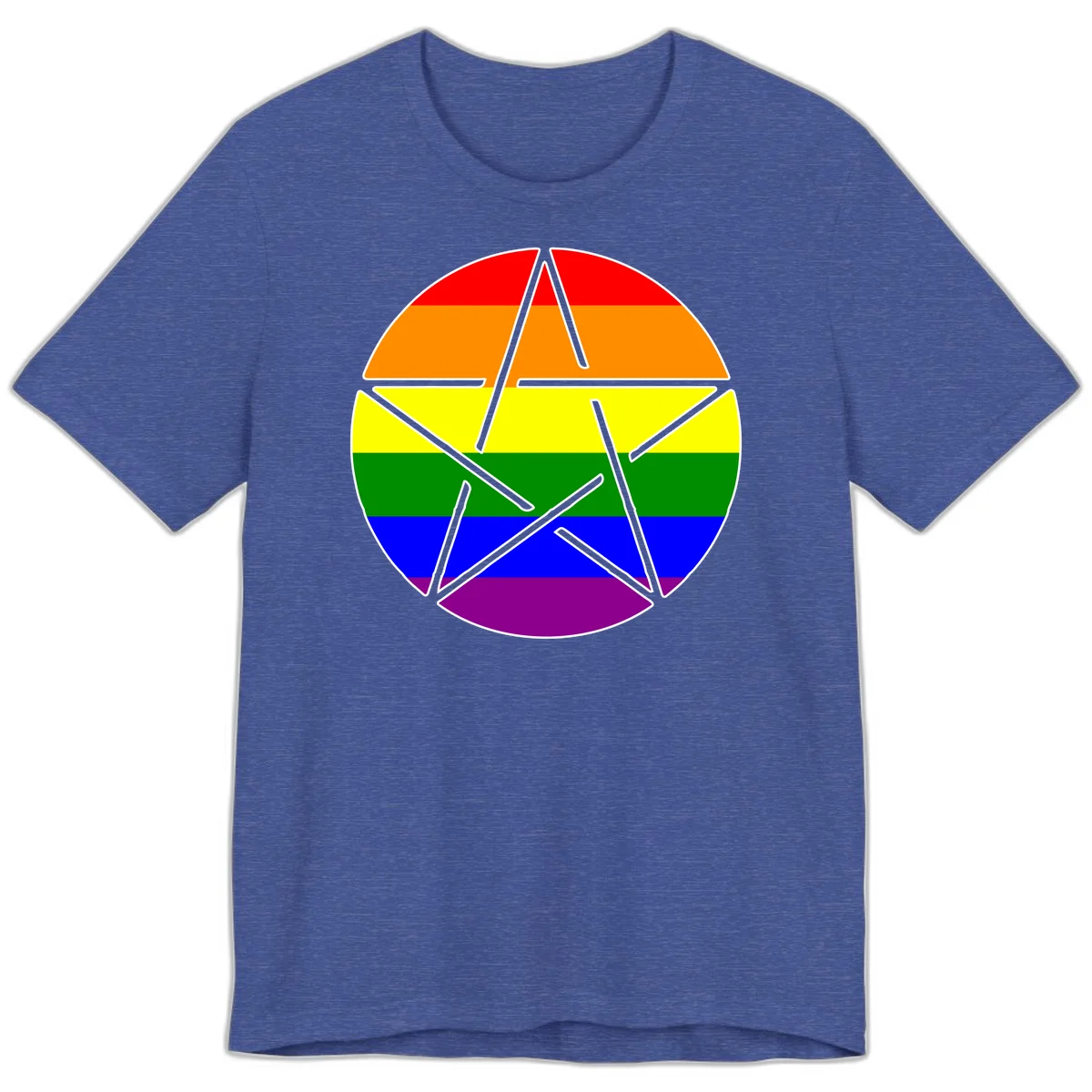 Five-pointed star with gray outline centered in circle with horizontal rainbow pride flag stripes in red, orange, yellow, green, blue, and purple. in Heather True Royal