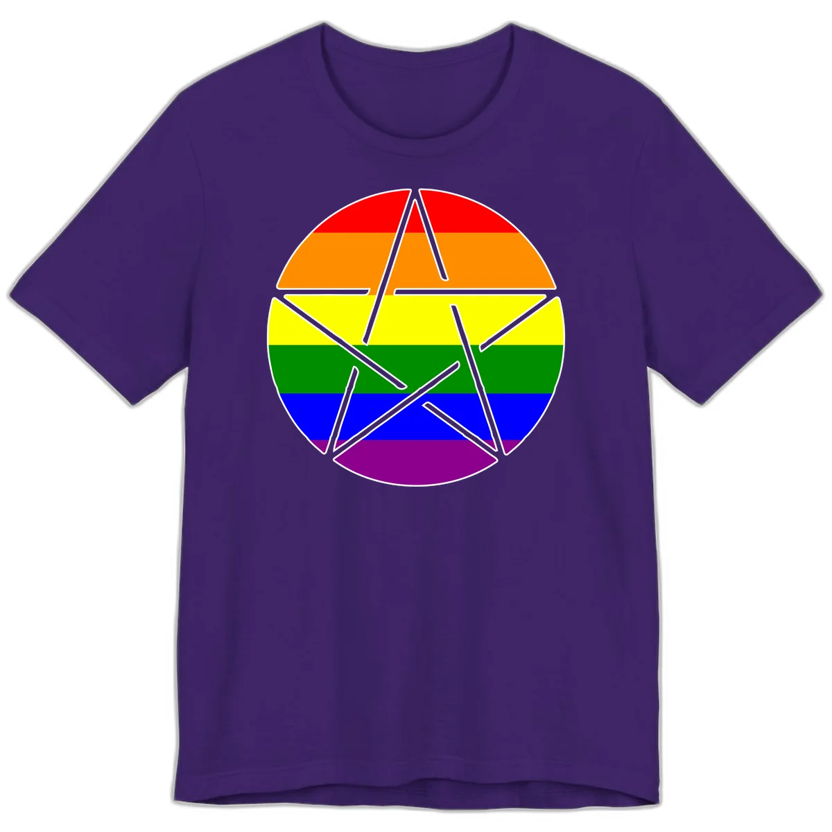 Five-pointed star with gray outline centered in circle with horizontal rainbow pride flag stripes in red, orange, yellow, green, blue, and purple. in Team Purple