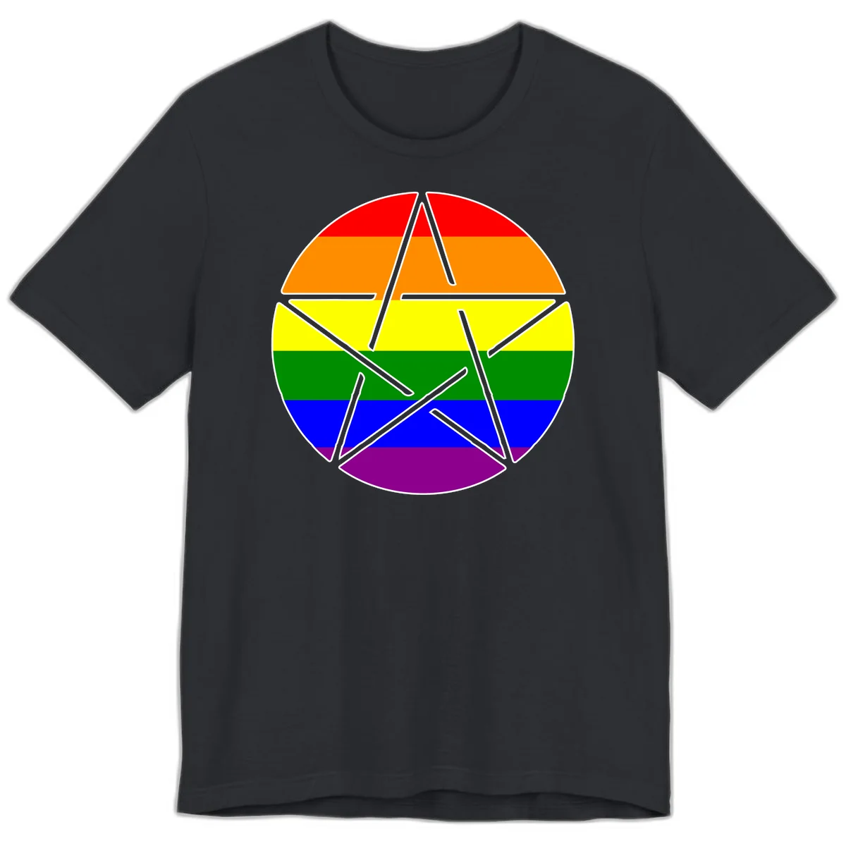 Five-pointed star with gray outline centered in circle with horizontal rainbow pride flag stripes in red, orange, yellow, green, blue, and purple. in Vintage Black