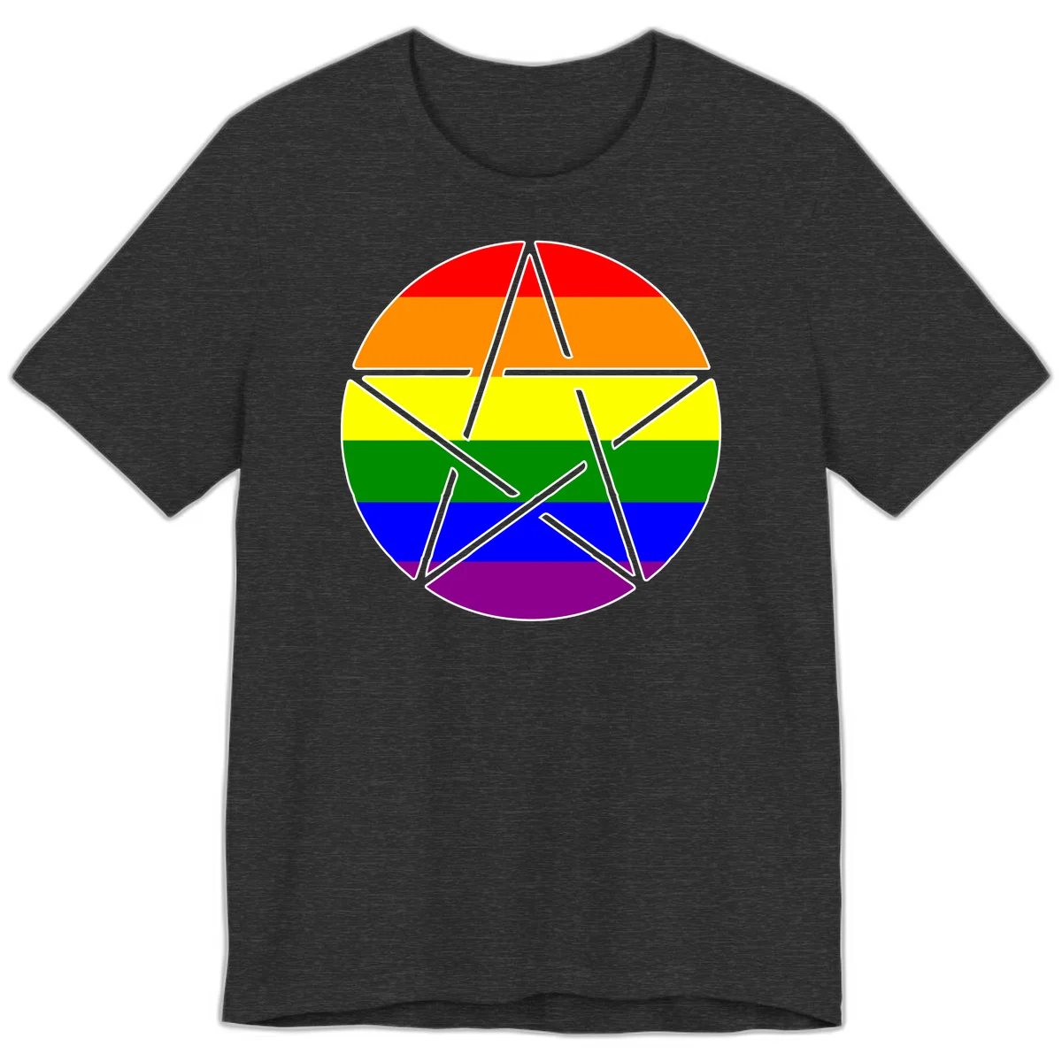 Five-pointed star with gray outline centered in circle with horizontal rainbow pride flag stripes in red, orange, yellow, green, blue, and purple. in Dark Grey Heather
