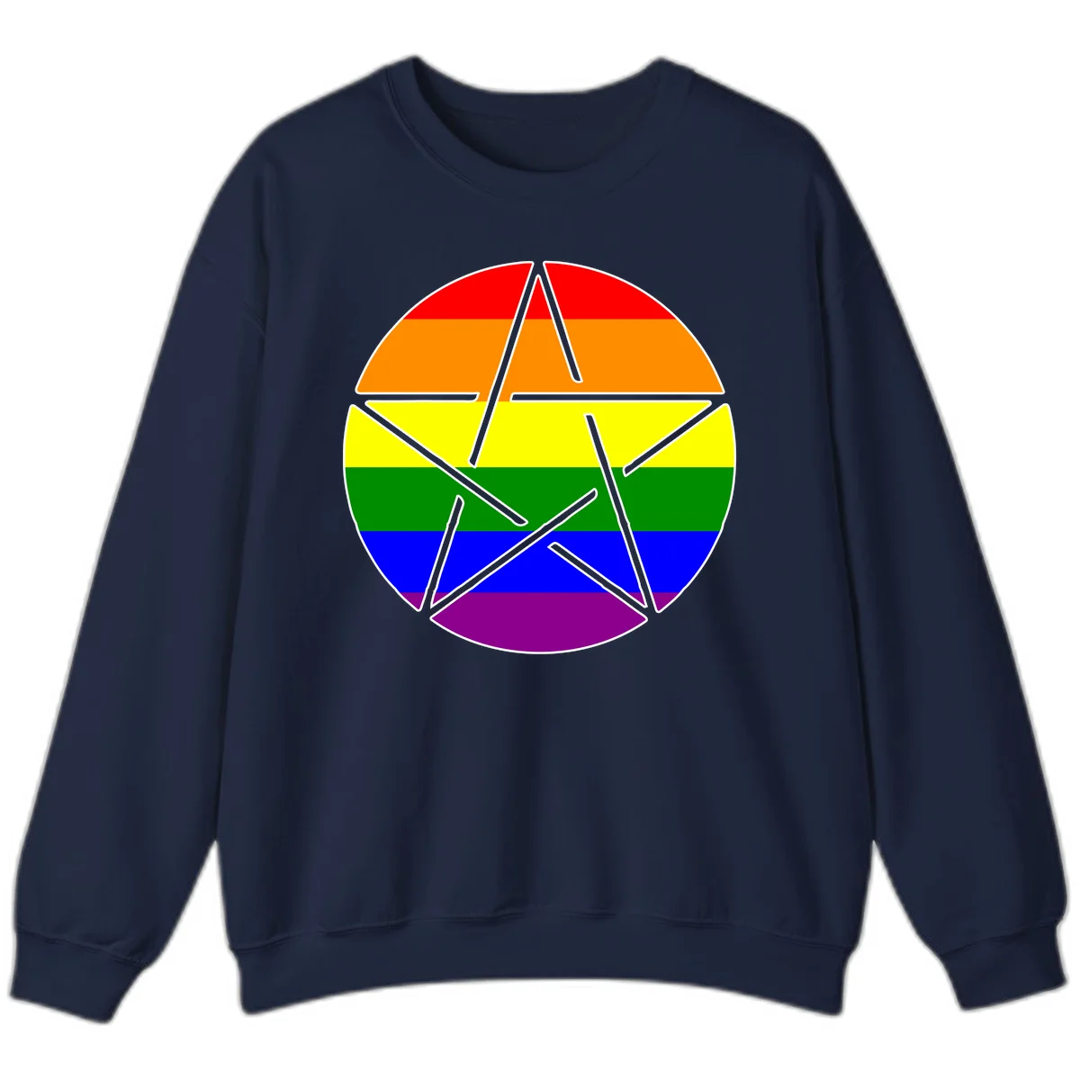 Five-pointed star with gray outline centered in circle with horizontal rainbow pride flag stripes in red, orange, yellow, green, blue, and purple. in Navy