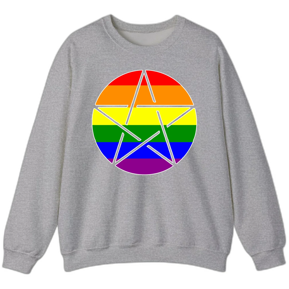 Five-pointed star with gray outline centered in circle with horizontal rainbow pride flag stripes in red, orange, yellow, green, blue, and purple. in Sport Grey