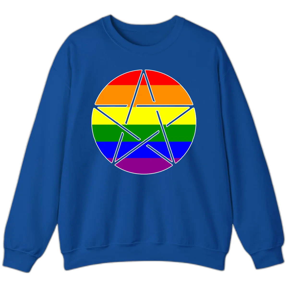 Five-pointed star with gray outline centered in circle with horizontal rainbow pride flag stripes in red, orange, yellow, green, blue, and purple. in Royal