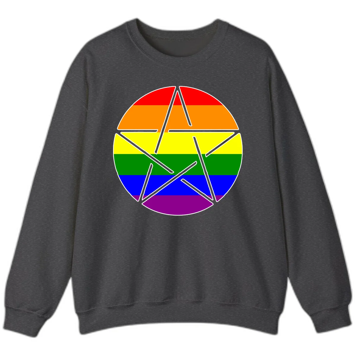 Five-pointed star with gray outline centered in circle with horizontal rainbow pride flag stripes in red, orange, yellow, green, blue, and purple. in Dark Heather