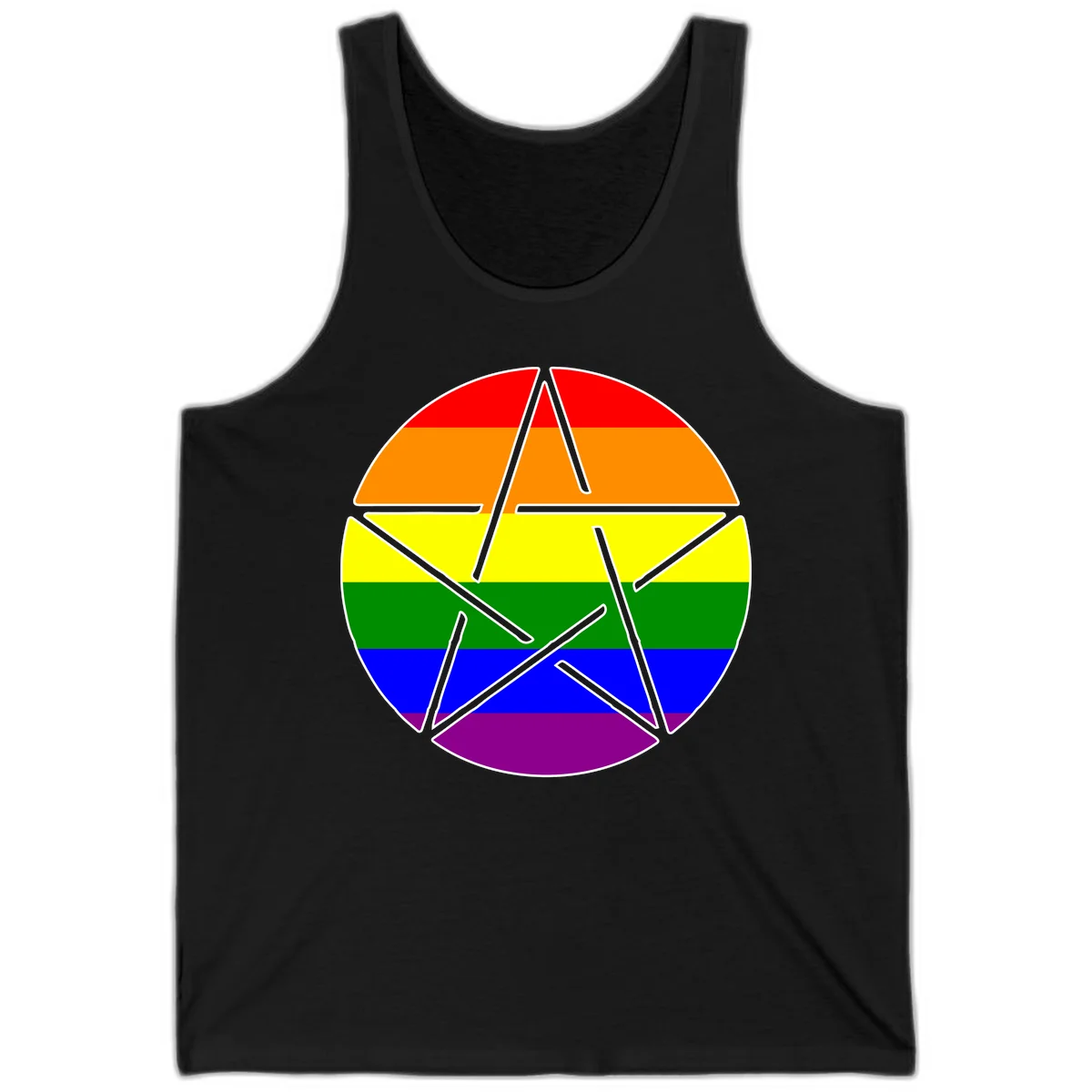 Five-pointed star with gray outline centered in circle with horizontal rainbow pride flag stripes in red, orange, yellow, green, blue, and purple. in Black