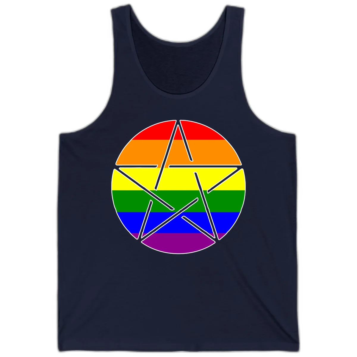 Five-pointed star with gray outline centered in circle with horizontal rainbow pride flag stripes in red, orange, yellow, green, blue, and purple. in Navy