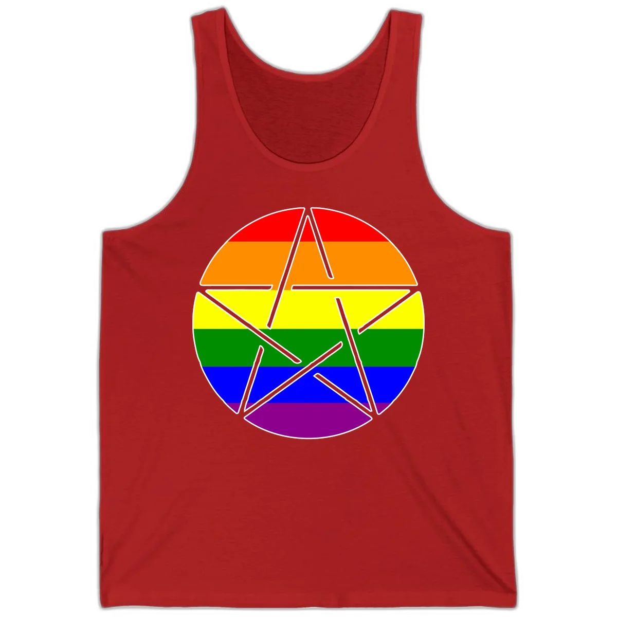 Five-pointed star with gray outline centered in circle with horizontal rainbow pride flag stripes in red, orange, yellow, green, blue, and purple. in Red