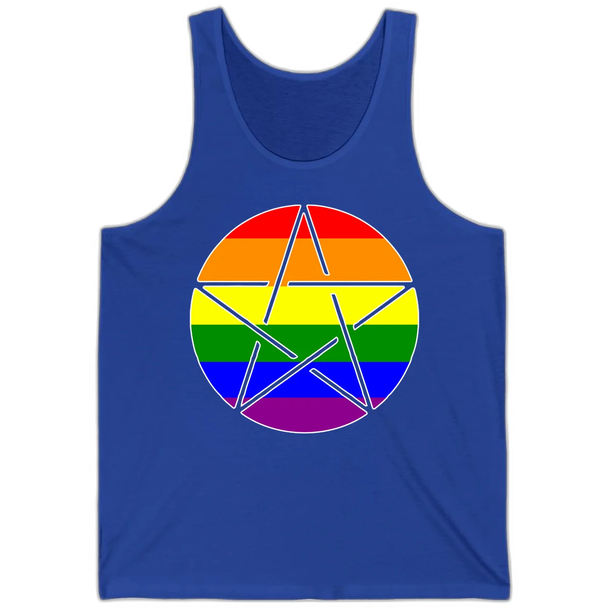 Five-pointed star with gray outline centered in circle with horizontal rainbow pride flag stripes in red, orange, yellow, green, blue, and purple. in True Royal