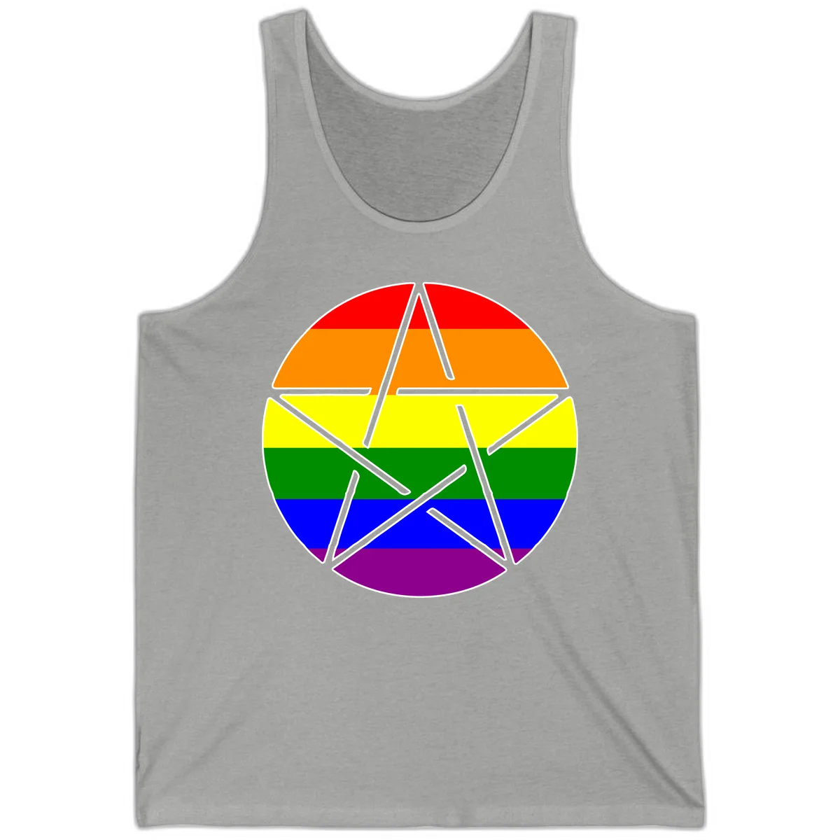 Five-pointed star with gray outline centered in circle with horizontal rainbow pride flag stripes in red, orange, yellow, green, blue, and purple. in Athletic Heather