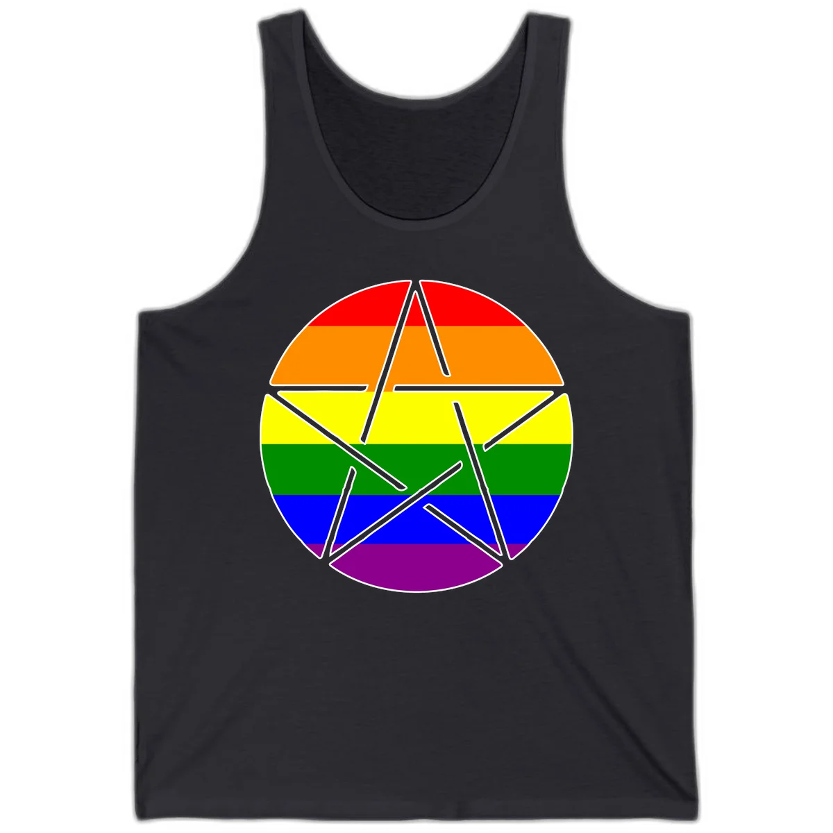 Five-pointed star with gray outline centered in circle with horizontal rainbow pride flag stripes in red, orange, yellow, green, blue, and purple. in Dark Grey