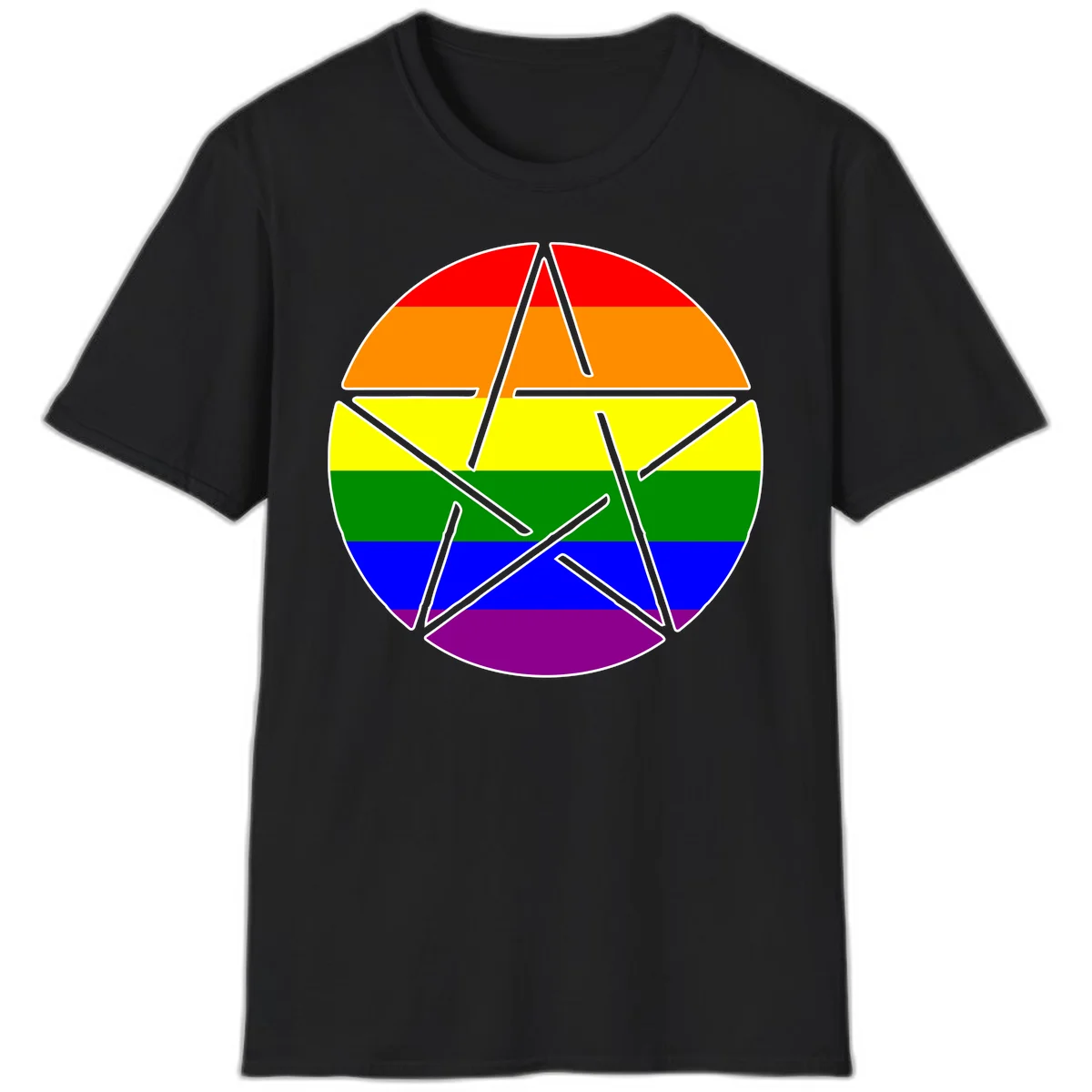 Five-pointed star with gray outline centered in circle with horizontal rainbow pride flag stripes in red, orange, yellow, green, blue, and purple. in Black