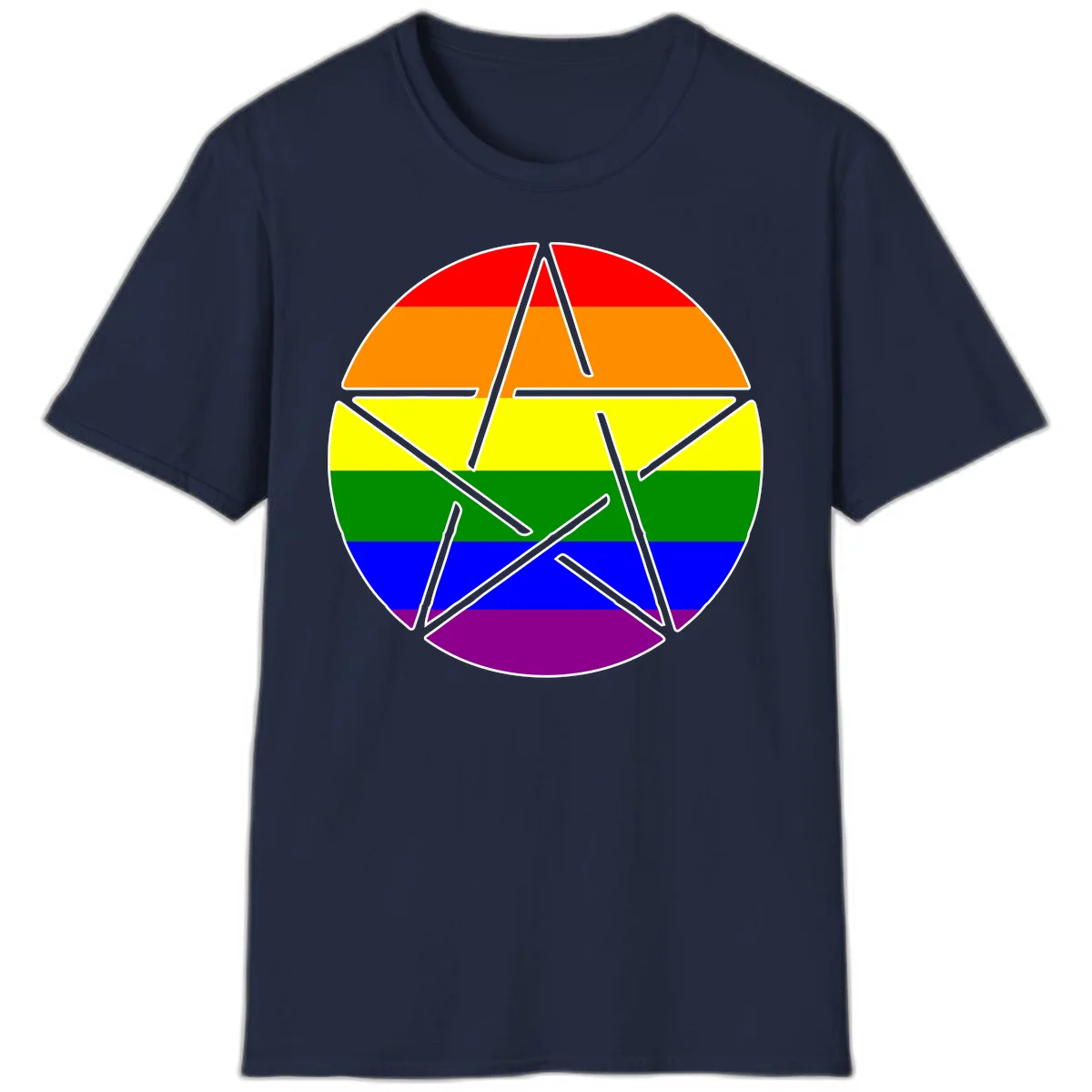 Five-pointed star with gray outline centered in circle with horizontal rainbow pride flag stripes in red, orange, yellow, green, blue, and purple. in Navy