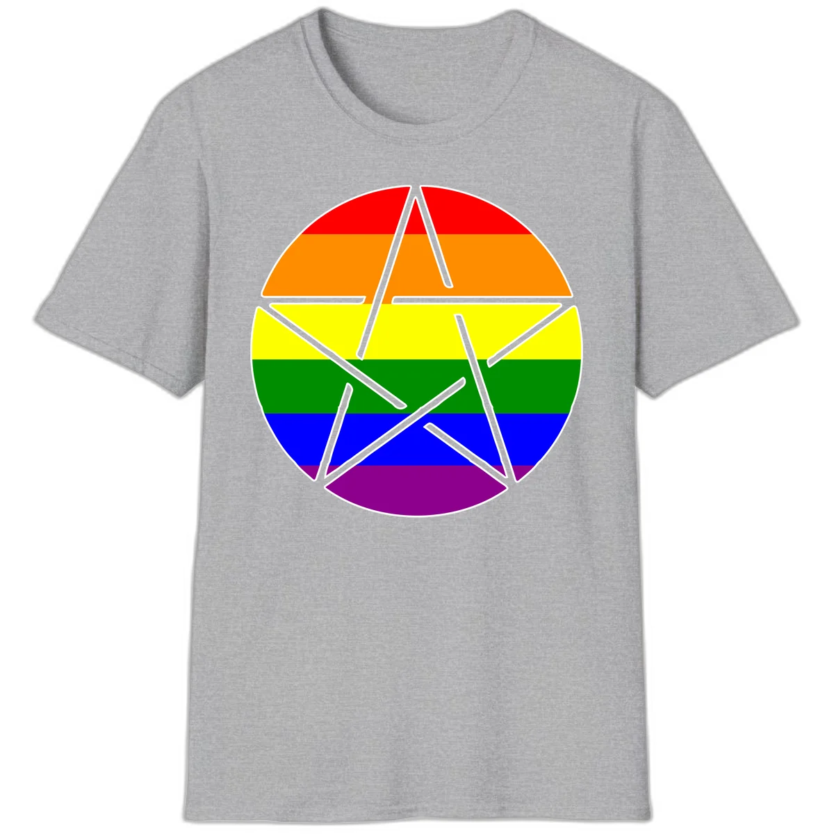 Five-pointed star with gray outline centered in circle with horizontal rainbow pride flag stripes in red, orange, yellow, green, blue, and purple. in Sport Grey