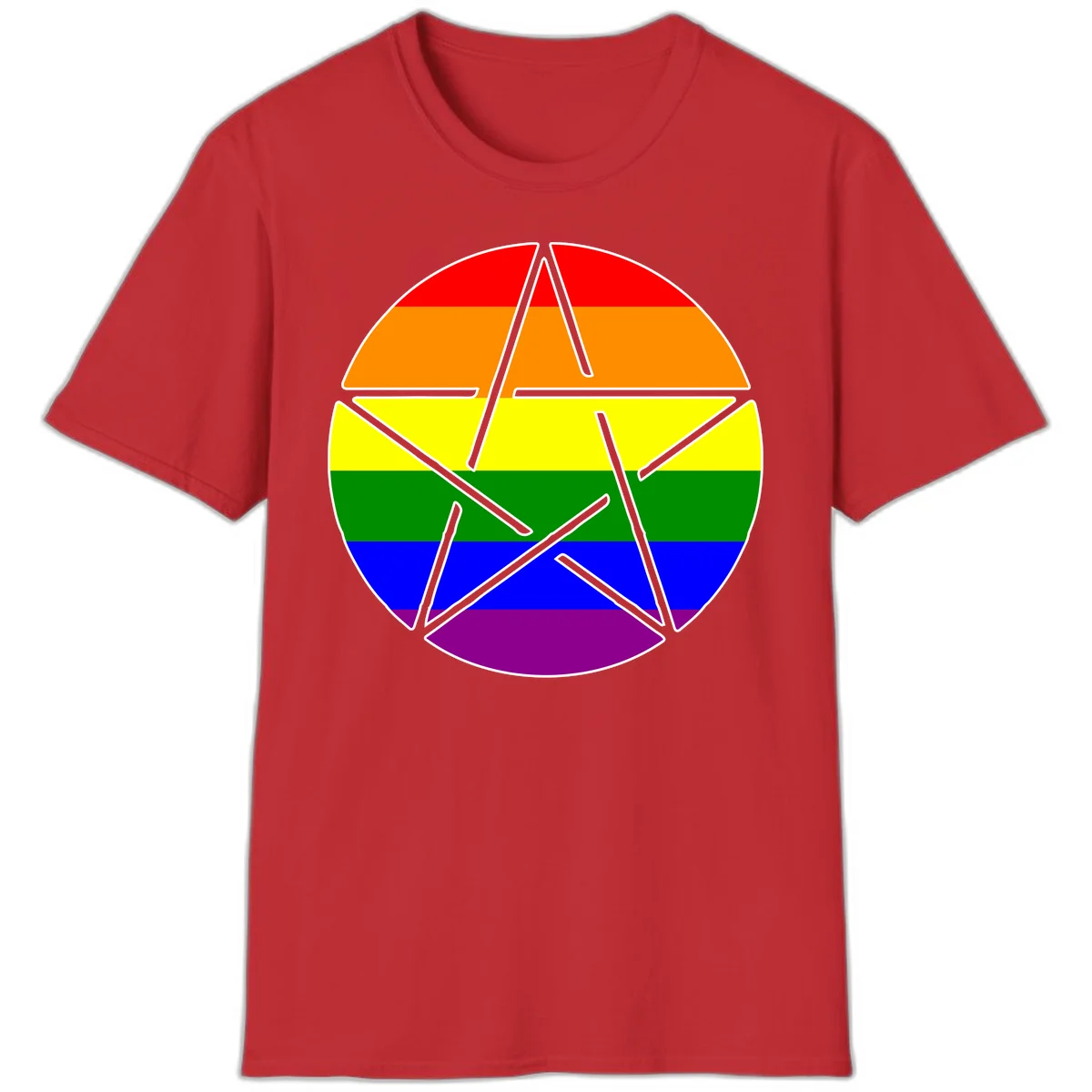 Five-pointed star with gray outline centered in circle with horizontal rainbow pride flag stripes in red, orange, yellow, green, blue, and purple. in Red