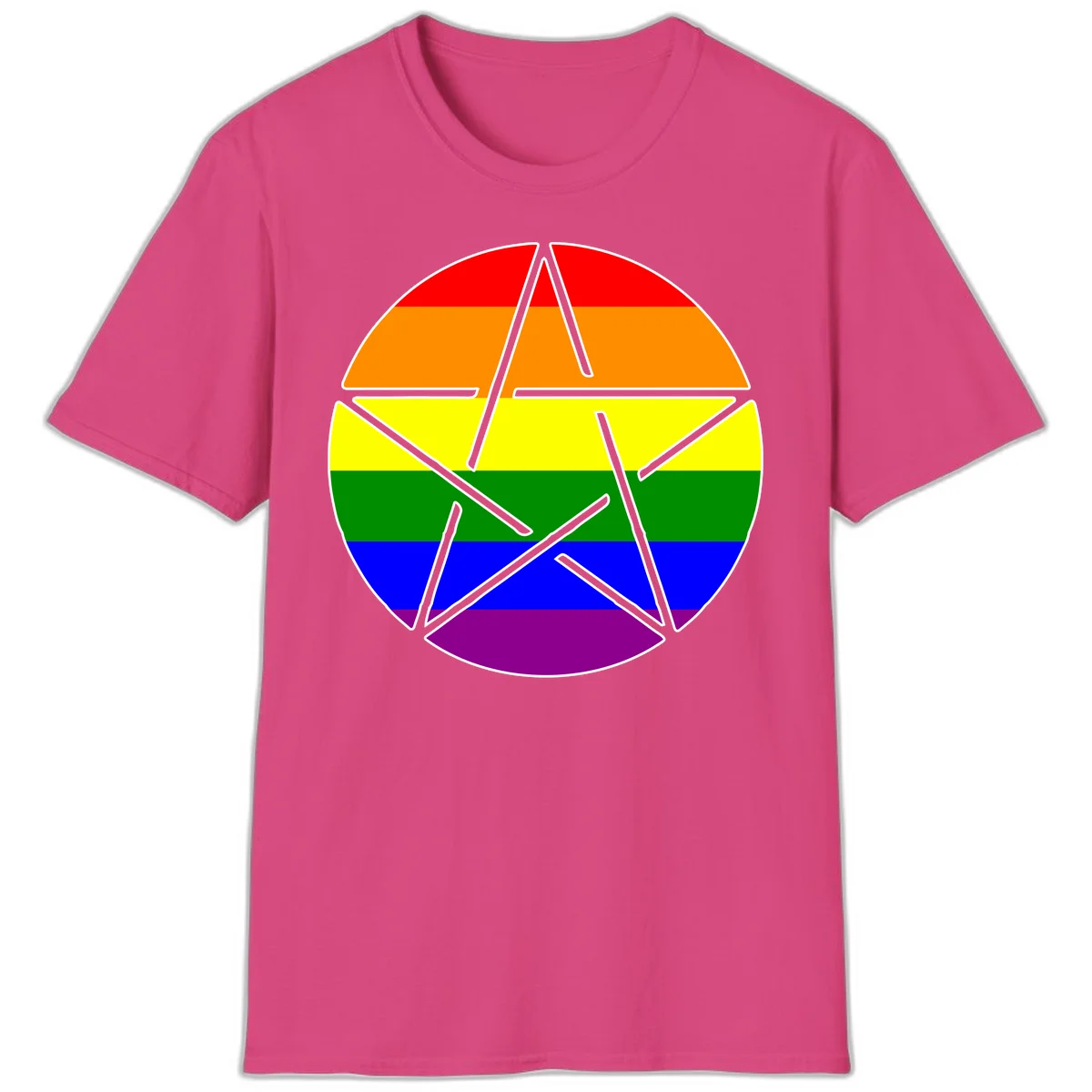 Five-pointed star with gray outline centered in circle with horizontal rainbow pride flag stripes in red, orange, yellow, green, blue, and purple. in Heliconia