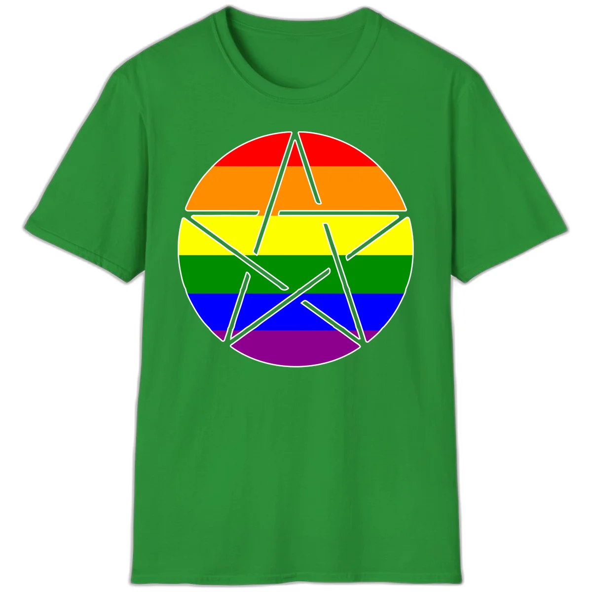 Five-pointed star with gray outline centered in circle with horizontal rainbow pride flag stripes in red, orange, yellow, green, blue, and purple. in Irish Green