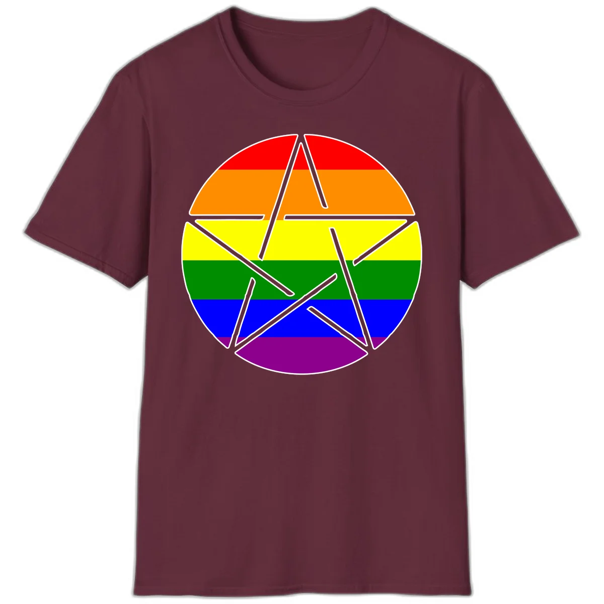Five-pointed star with gray outline centered in circle with horizontal rainbow pride flag stripes in red, orange, yellow, green, blue, and purple. in Maroon
