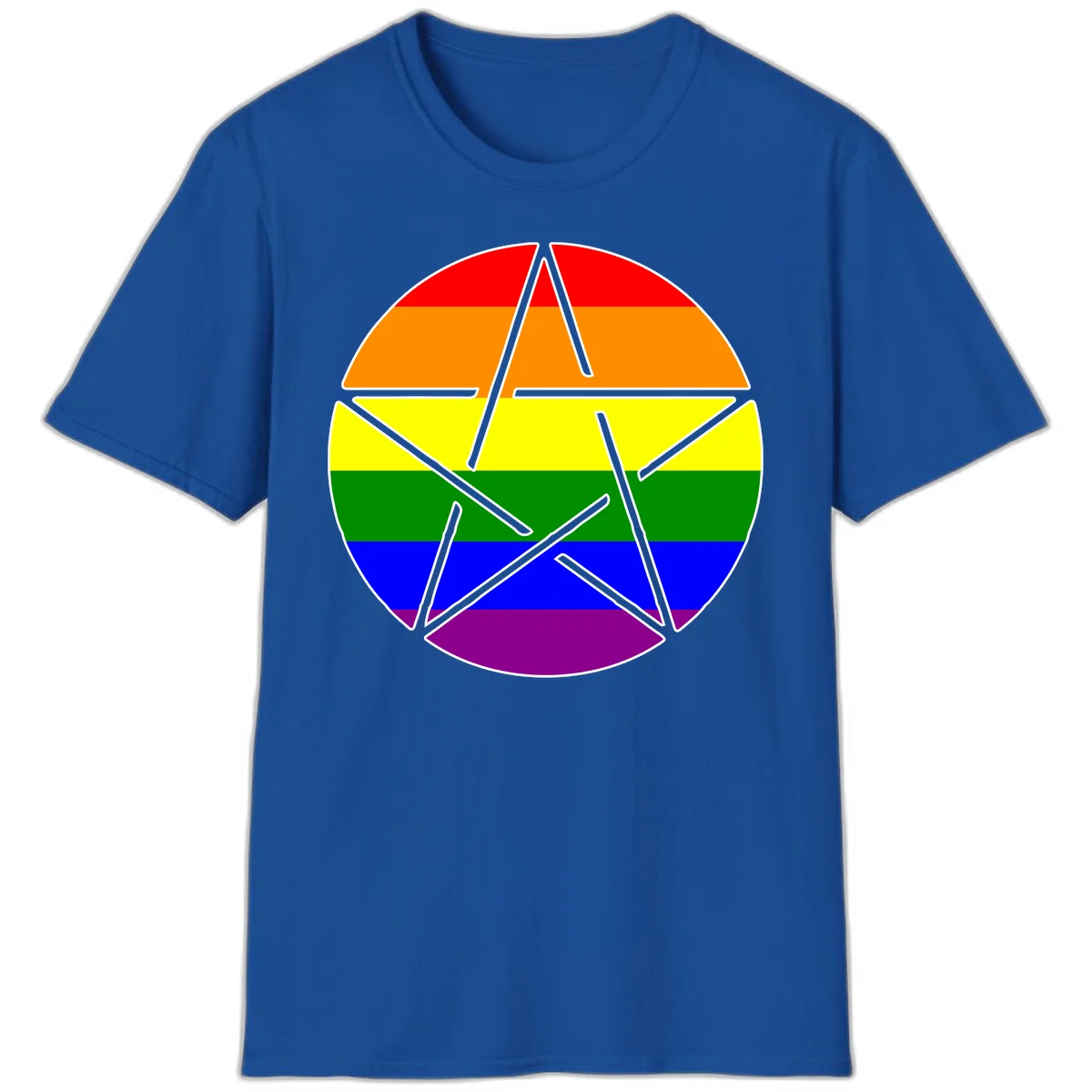 Five-pointed star with gray outline centered in circle with horizontal rainbow pride flag stripes in red, orange, yellow, green, blue, and purple. in Royal