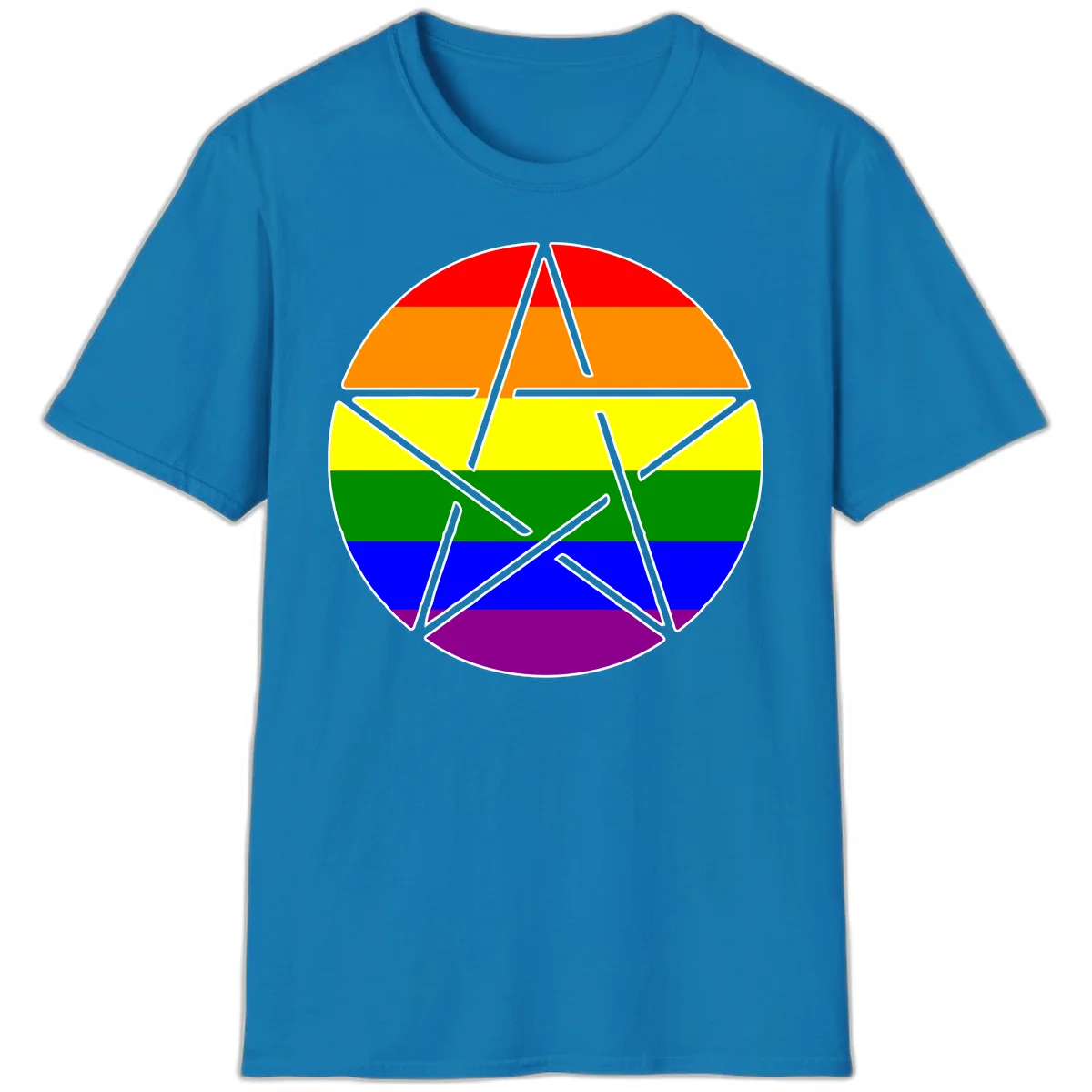 Five-pointed star with gray outline centered in circle with horizontal rainbow pride flag stripes in red, orange, yellow, green, blue, and purple. in Sapphire