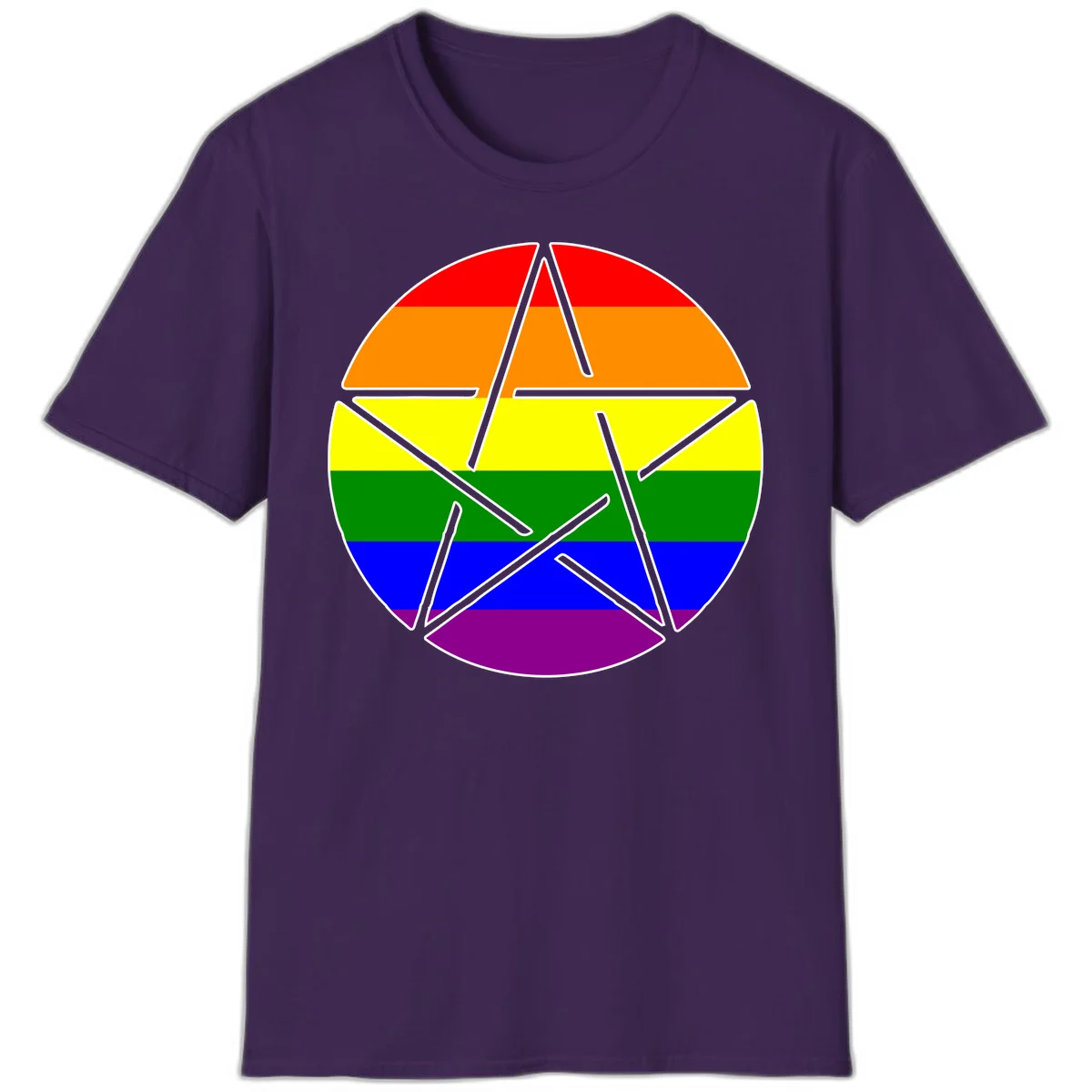 Five-pointed star with gray outline centered in circle with horizontal rainbow pride flag stripes in red, orange, yellow, green, blue, and purple. in Purple