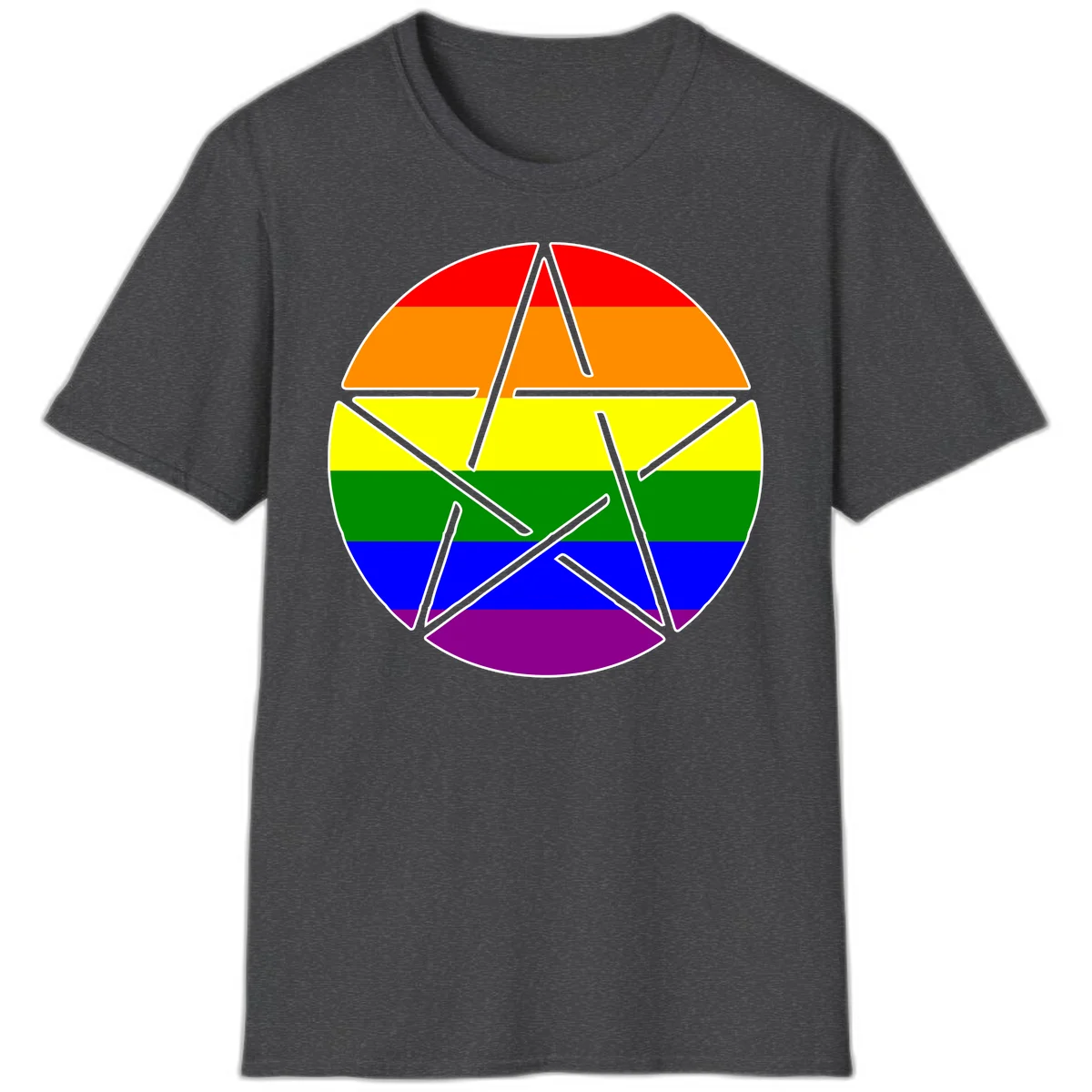 Five-pointed star with gray outline centered in circle with horizontal rainbow pride flag stripes in red, orange, yellow, green, blue, and purple. in Dark Heather