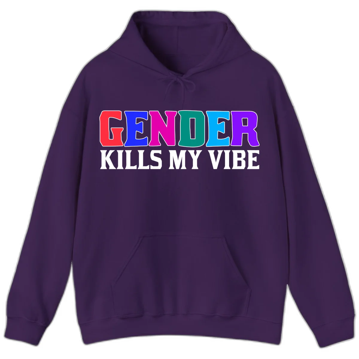 Colorful text design reading 'GENDER KILLS MY VIBE' with each letter in different rainbow colors including red, blue, magenta, teal, cyan, and purple in Purple