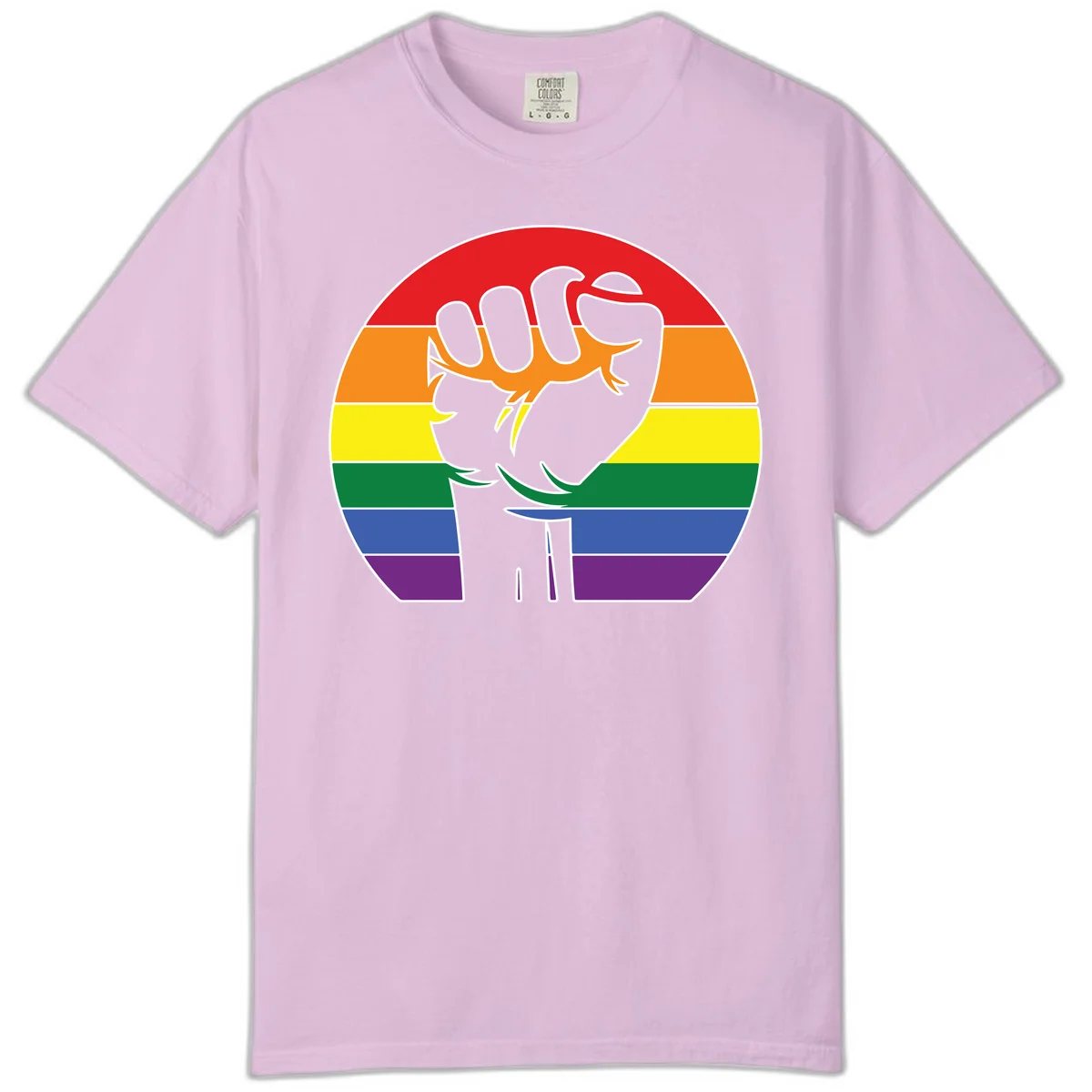 Gray dachshund with elongated body stretching across circular rainbow pride flag stripes in red, orange, yellow, green, blue, and purple in Orchid