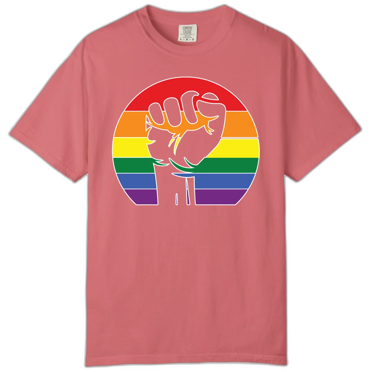 Gray dachshund with elongated body stretching across circular rainbow pride flag stripes in red, orange, yellow, green, blue, and purple in Watermelon