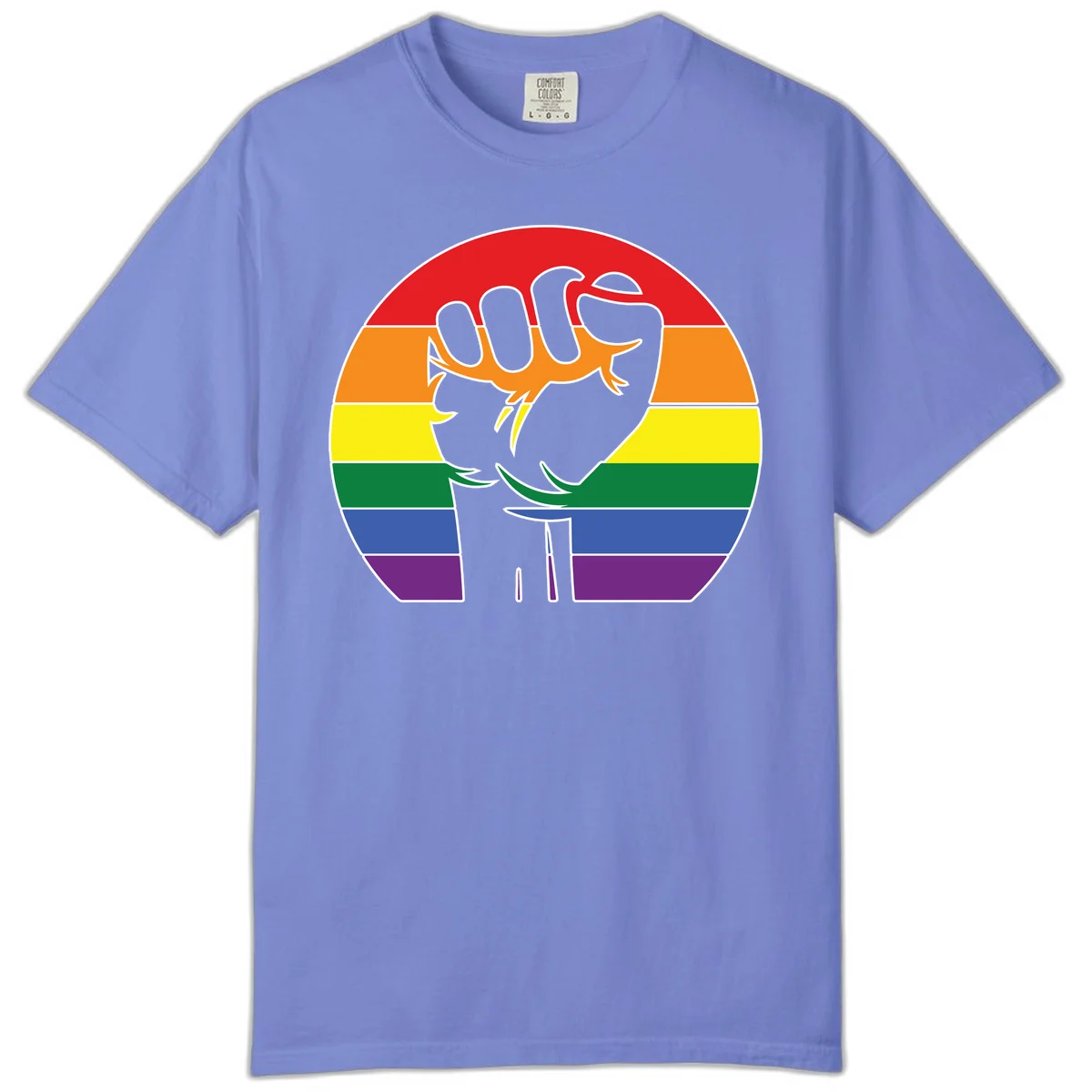 Gray dachshund with elongated body stretching across circular rainbow pride flag stripes in red, orange, yellow, green, blue, and purple in Flo Blue