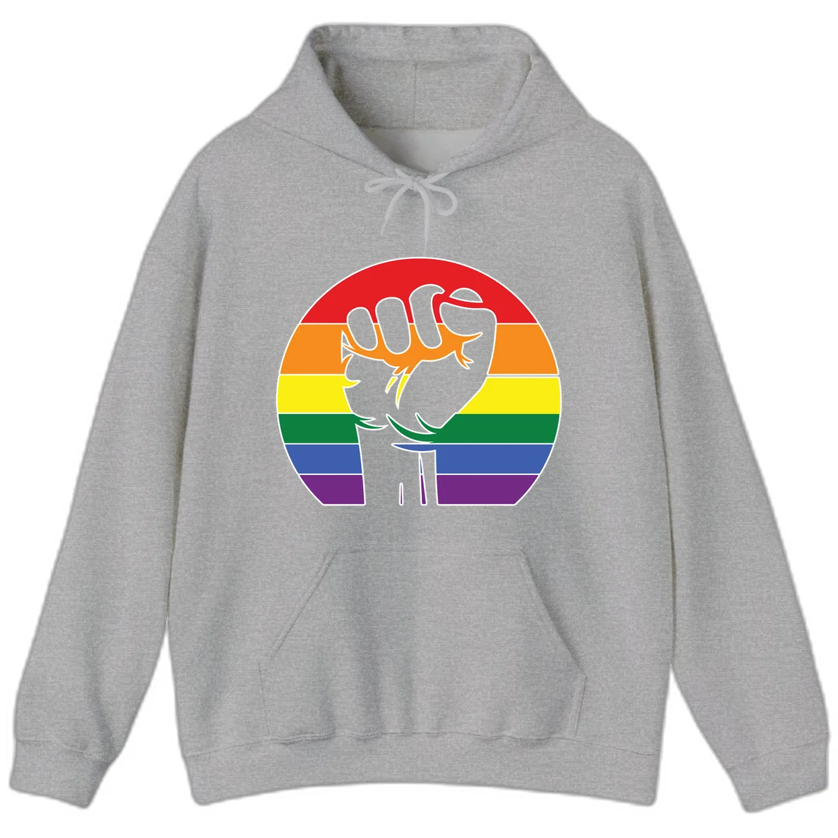 Gray dachshund with elongated body stretching across circular rainbow pride flag stripes in red, orange, yellow, green, blue, and purple in Sport Grey