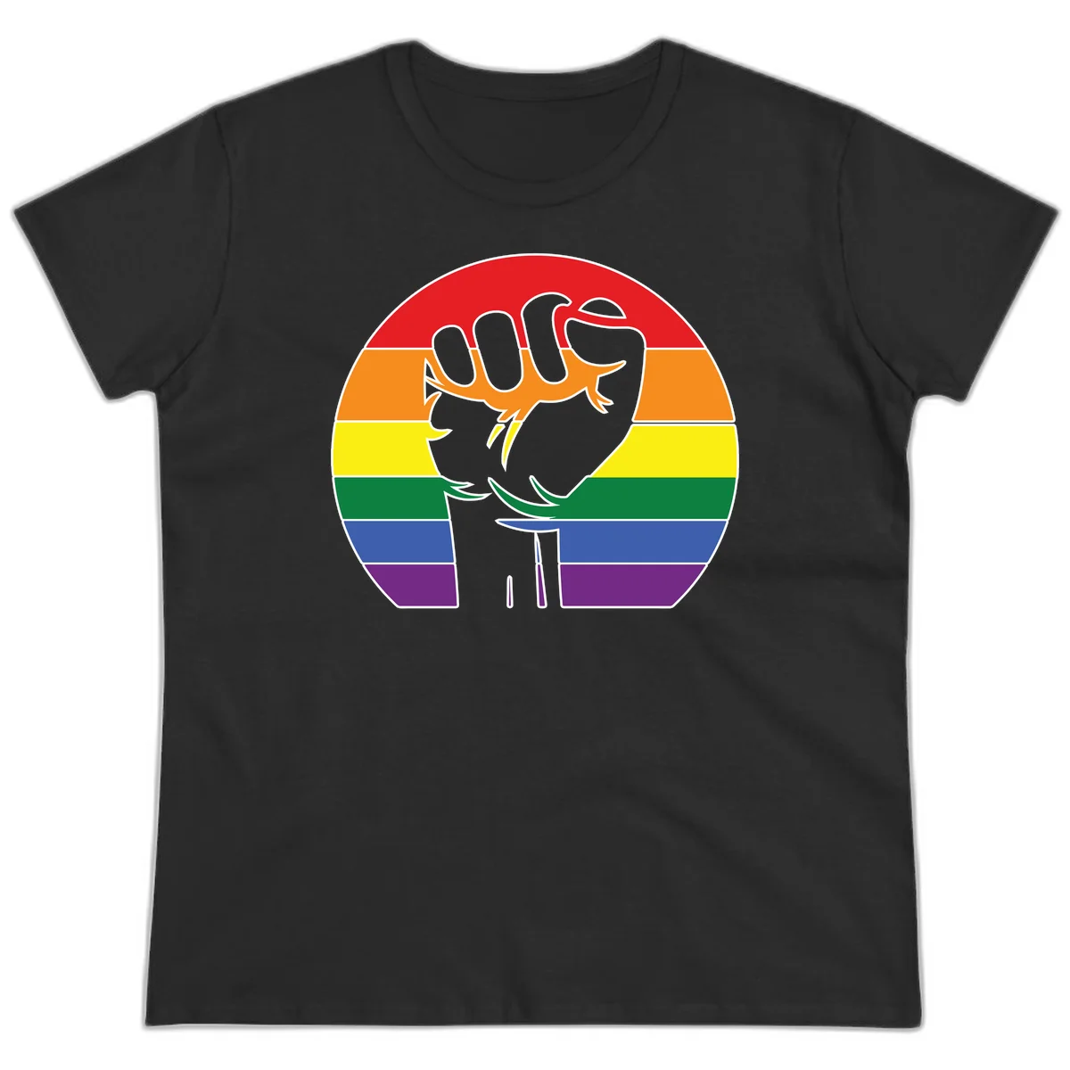 Gray dachshund with elongated body stretching across circular rainbow pride flag stripes in red, orange, yellow, green, blue, and purple in Black