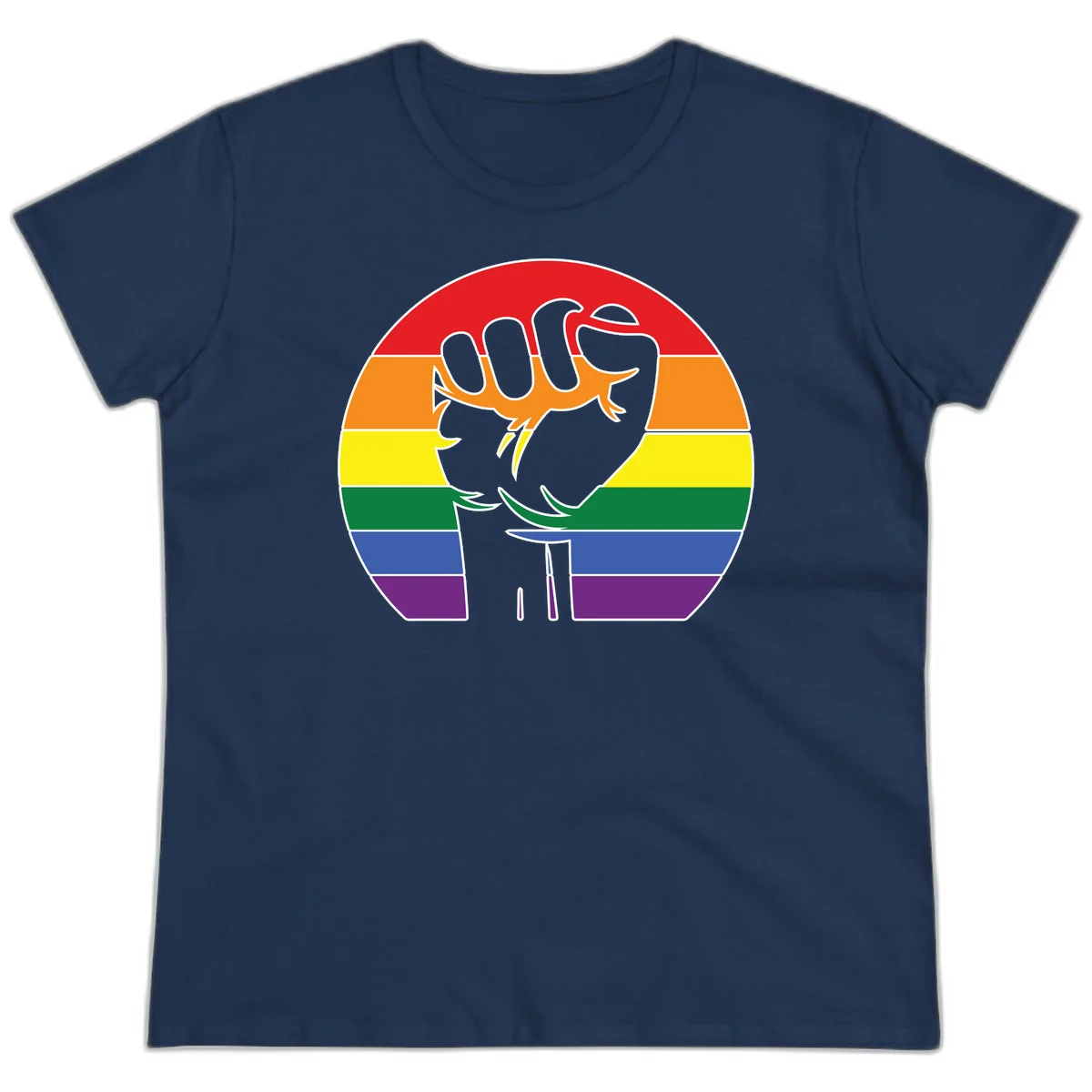 Gray dachshund with elongated body stretching across circular rainbow pride flag stripes in red, orange, yellow, green, blue, and purple in Navy