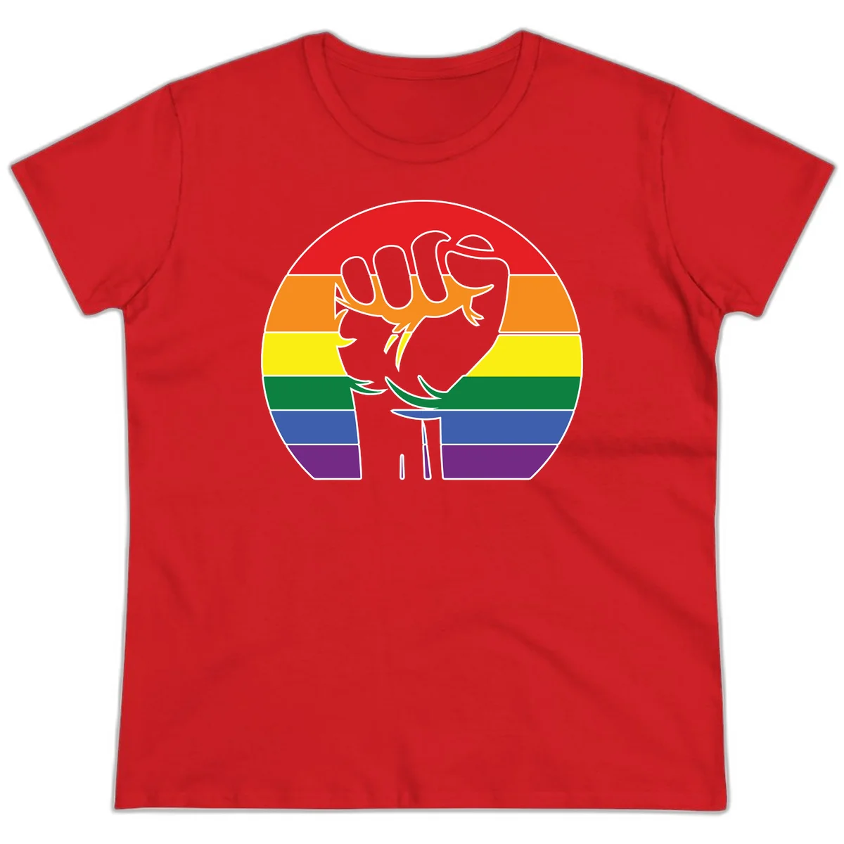 Gray dachshund with elongated body stretching across circular rainbow pride flag stripes in red, orange, yellow, green, blue, and purple in Red