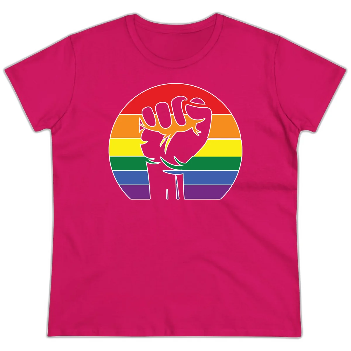 Gray dachshund with elongated body stretching across circular rainbow pride flag stripes in red, orange, yellow, green, blue, and purple in Heliconia