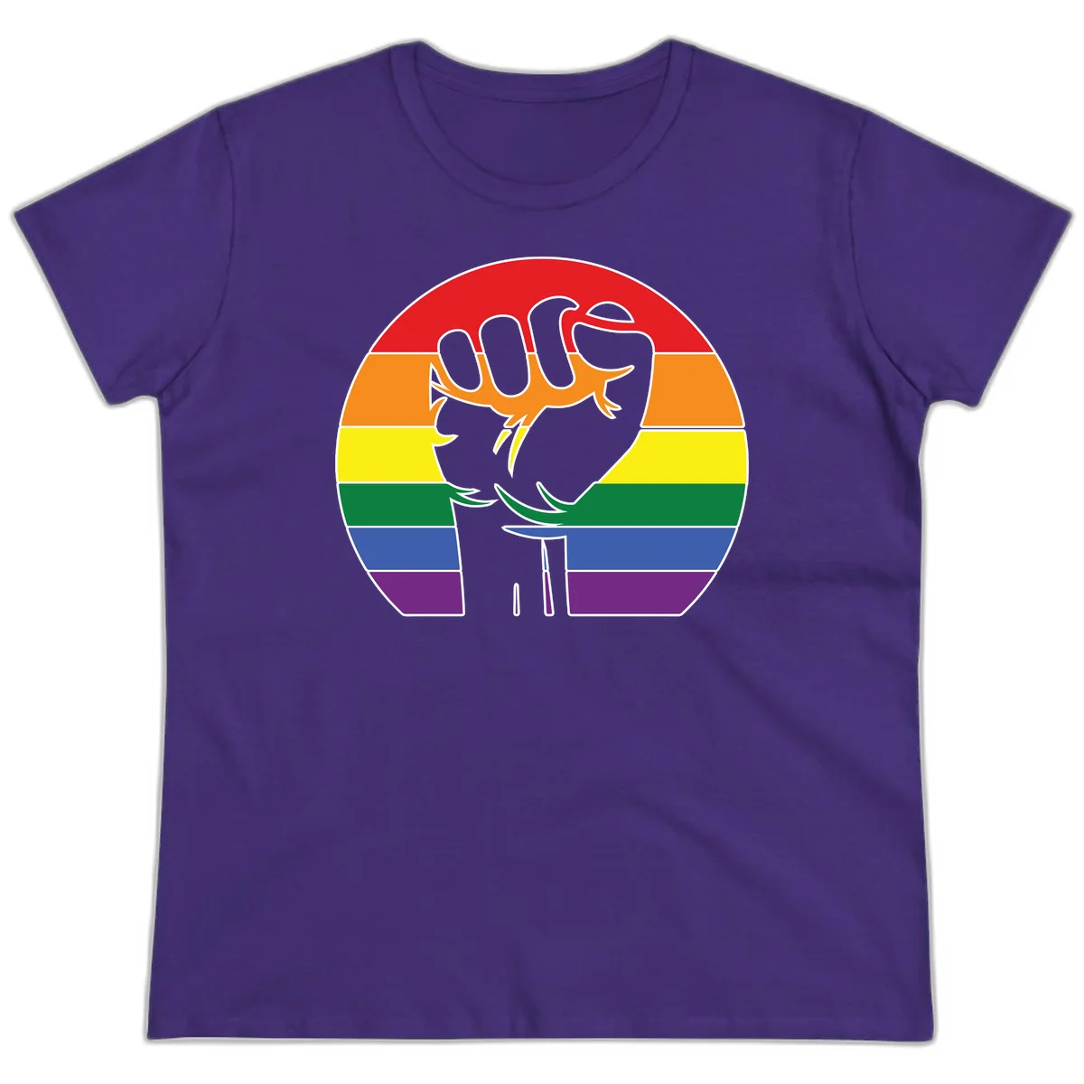 Gray dachshund with elongated body stretching across circular rainbow pride flag stripes in red, orange, yellow, green, blue, and purple in Purple