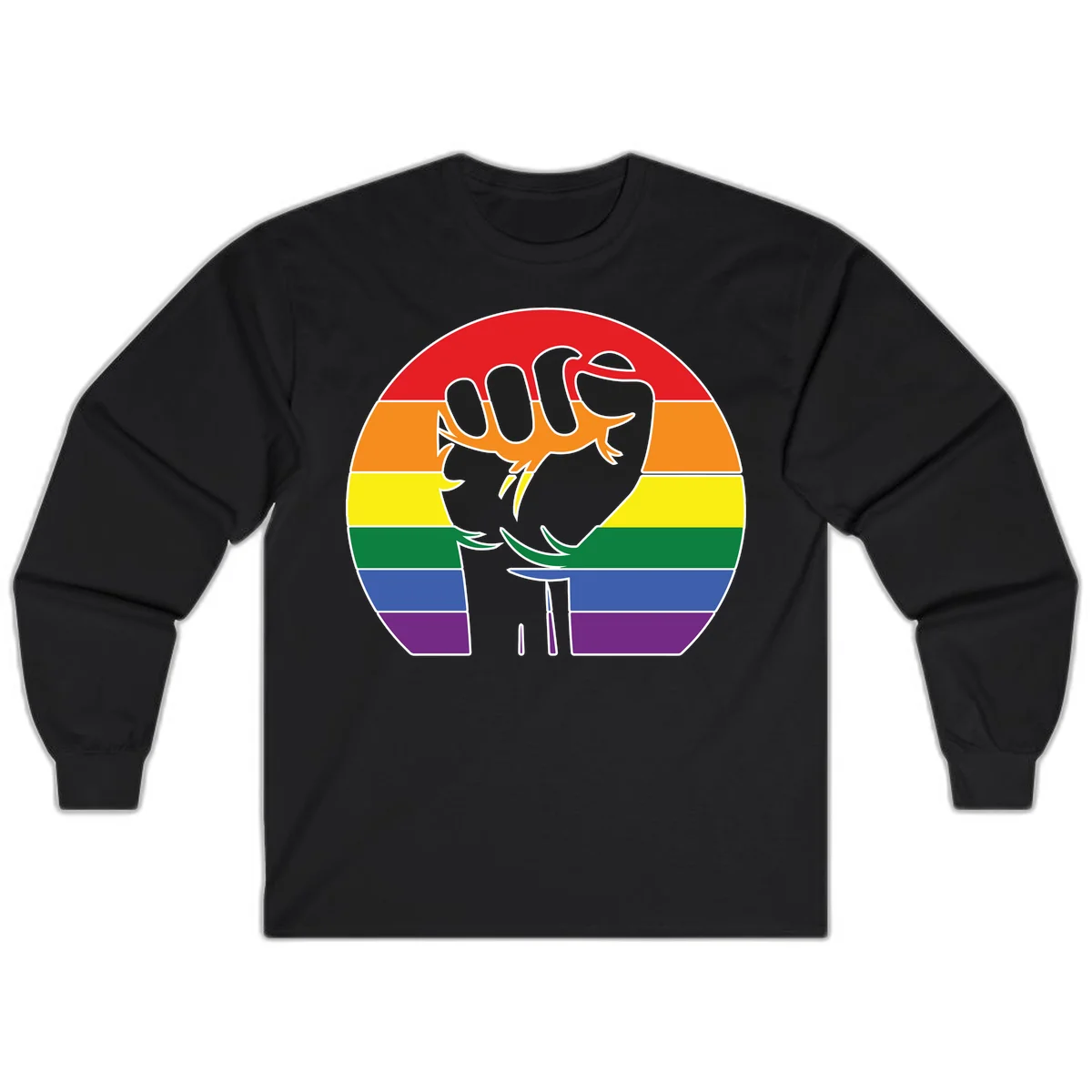 Gray dachshund with elongated body stretching across circular rainbow pride flag stripes in red, orange, yellow, green, blue, and purple in Black