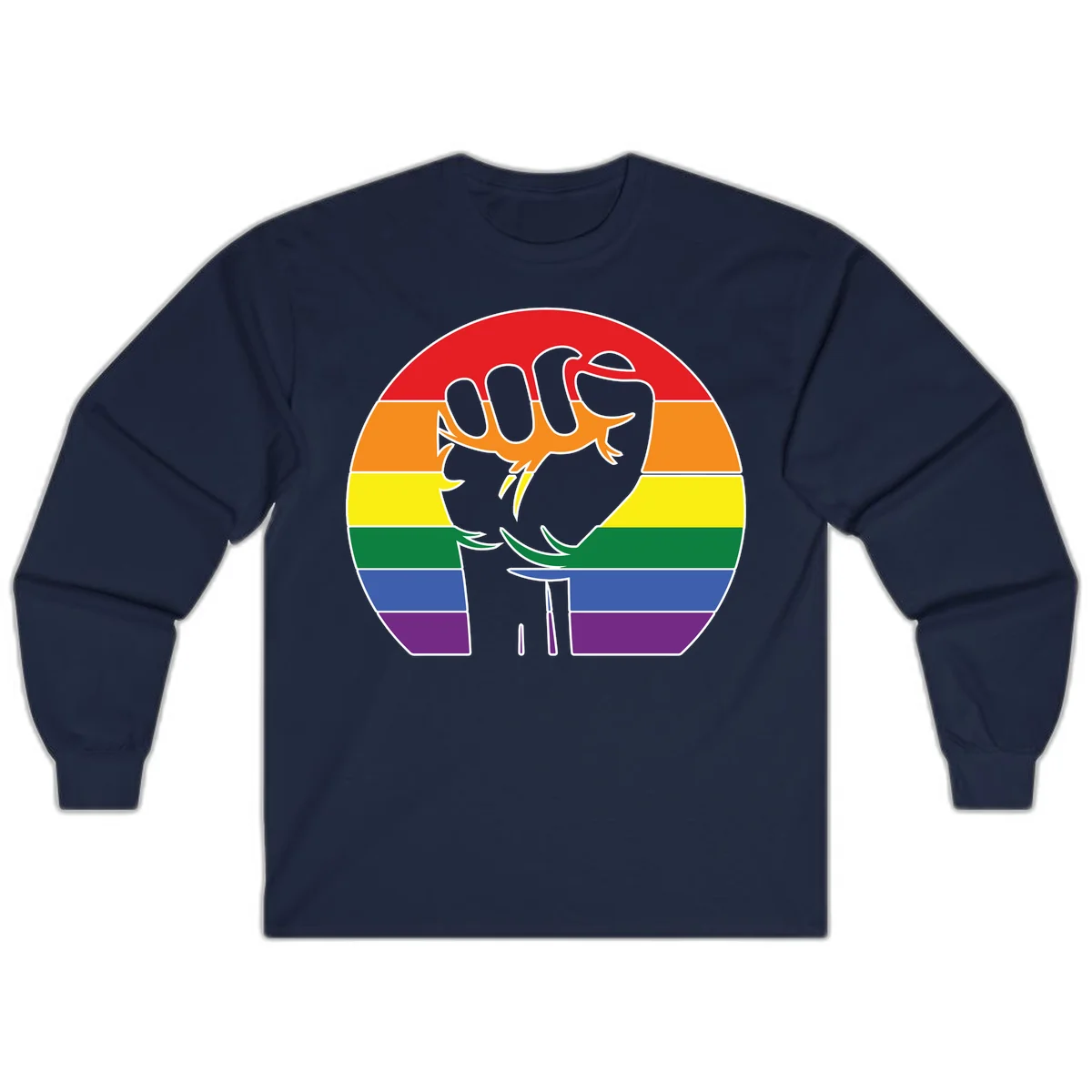 Gray dachshund with elongated body stretching across circular rainbow pride flag stripes in red, orange, yellow, green, blue, and purple in Navy