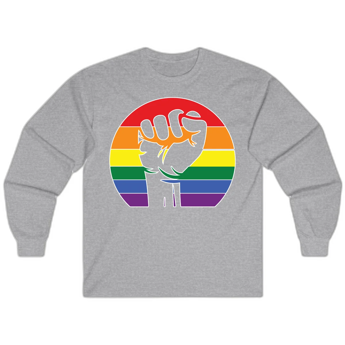 Gray dachshund with elongated body stretching across circular rainbow pride flag stripes in red, orange, yellow, green, blue, and purple in Sport Grey