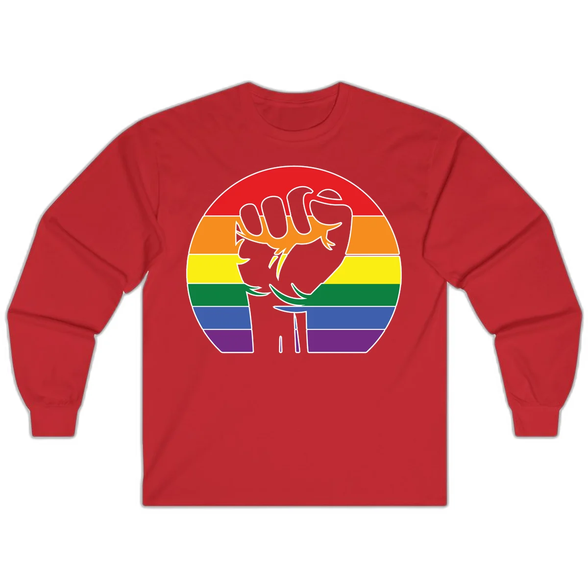 Gray dachshund with elongated body stretching across circular rainbow pride flag stripes in red, orange, yellow, green, blue, and purple in Red