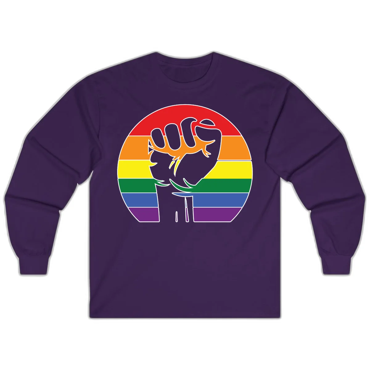 Gray dachshund with elongated body stretching across circular rainbow pride flag stripes in red, orange, yellow, green, blue, and purple in Purple