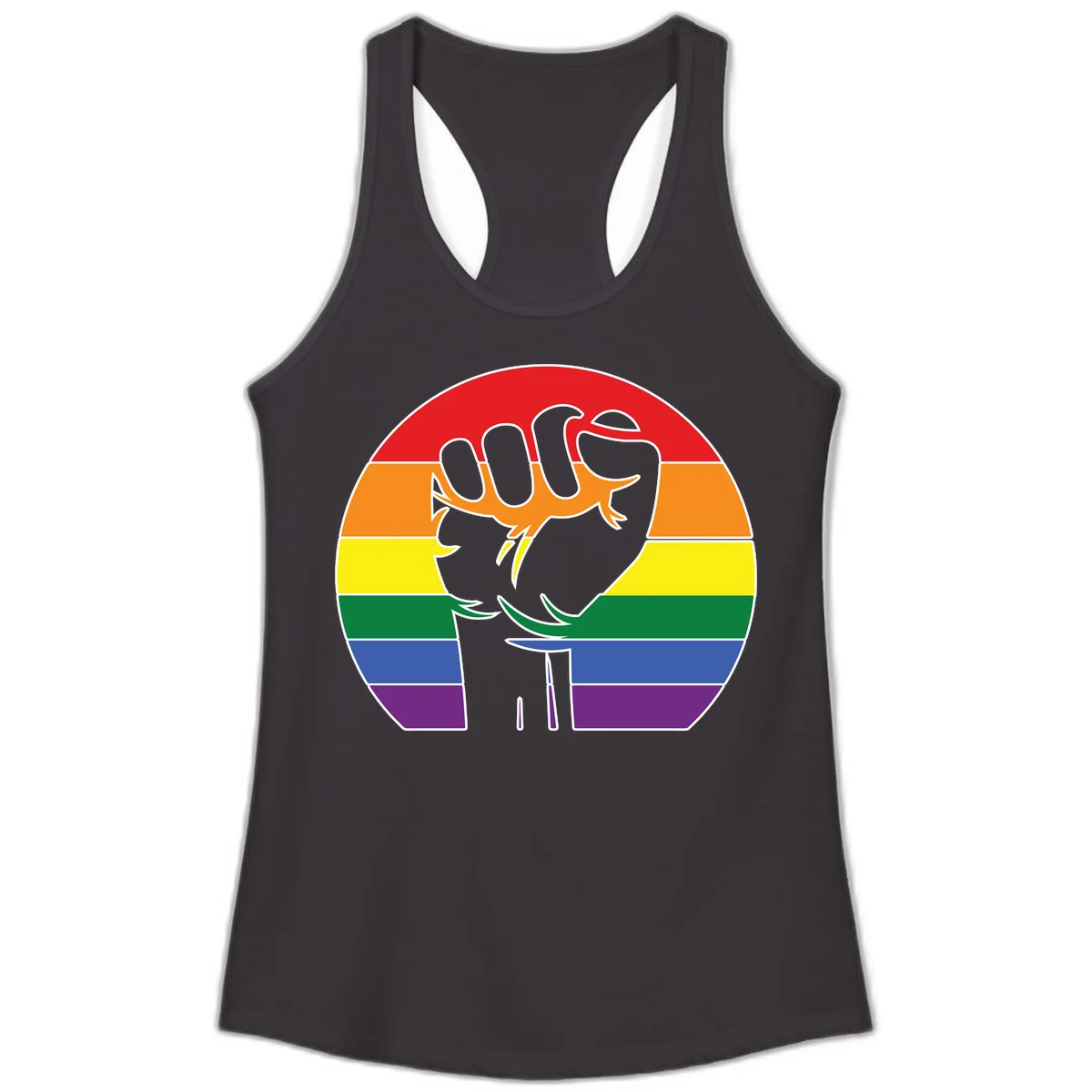 Gray dachshund with elongated body stretching across circular rainbow pride flag stripes in red, orange, yellow, green, blue, and purple in Black