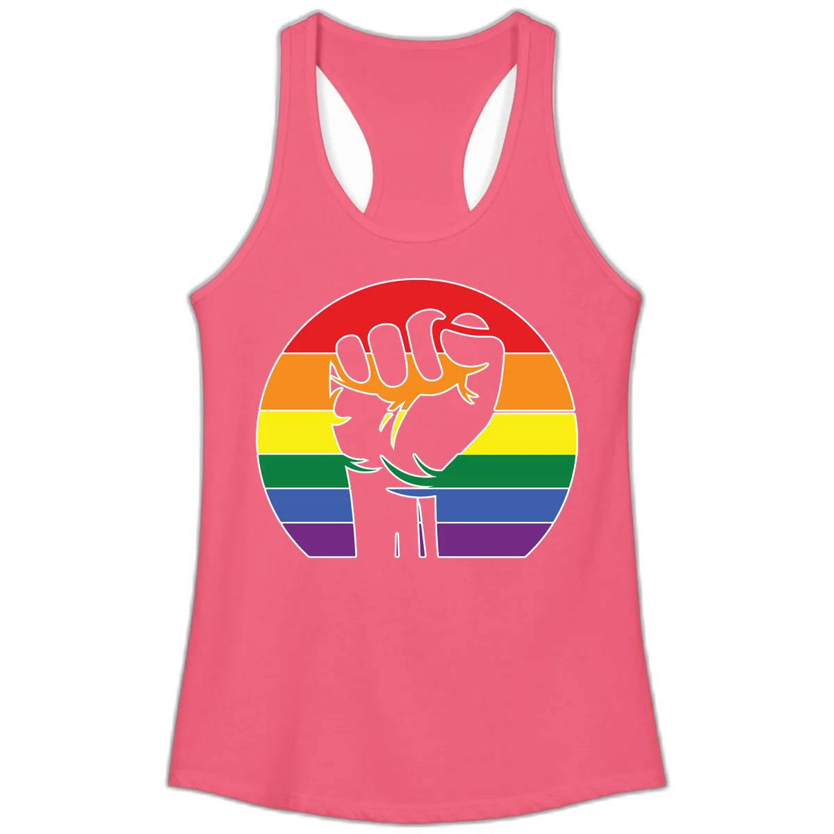 Gray dachshund with elongated body stretching across circular rainbow pride flag stripes in red, orange, yellow, green, blue, and purple in Hot Pink